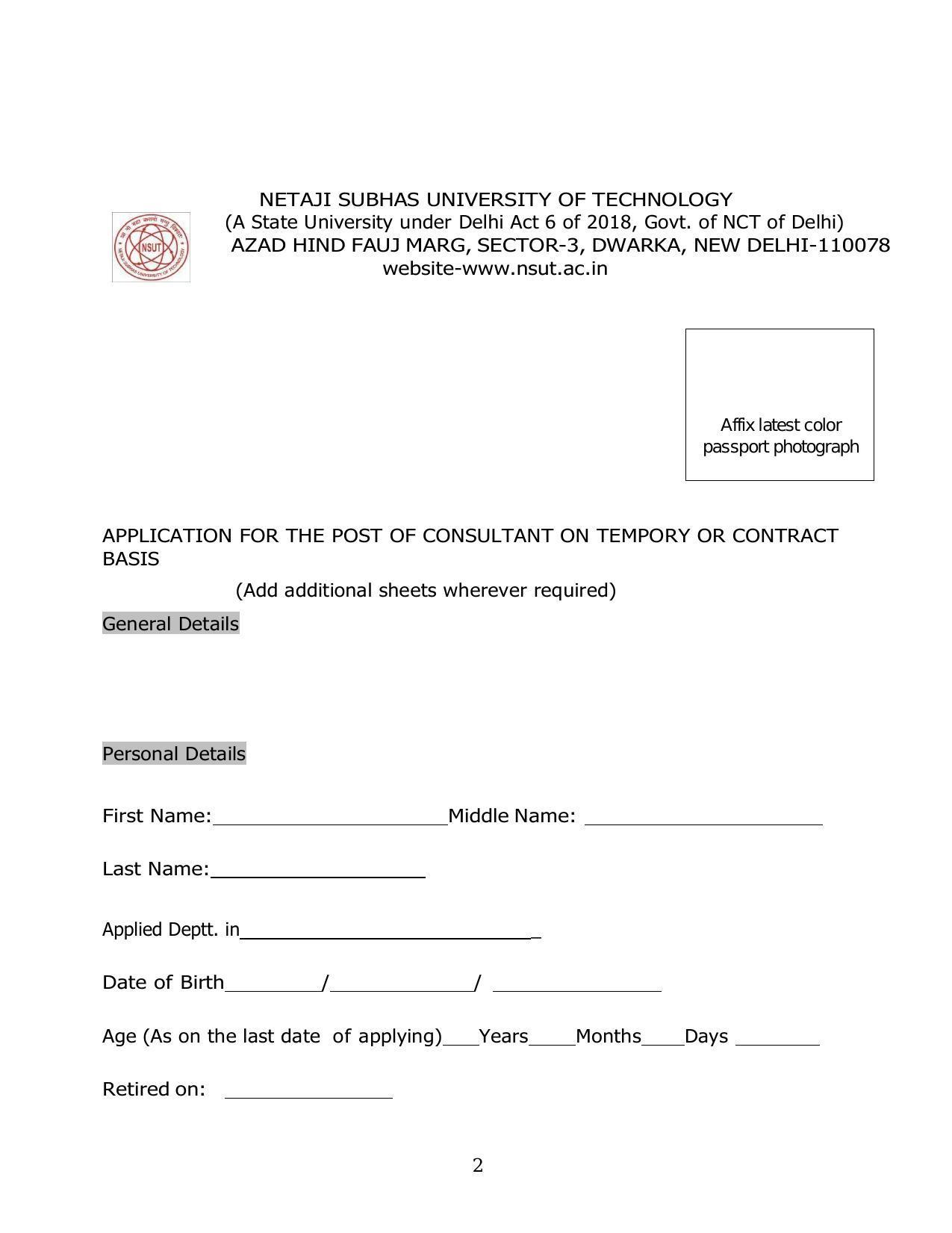 Netaji Subhas University Of Technology (NSIT) Invites Application for Consultant Recruitment 2022 - Page 1