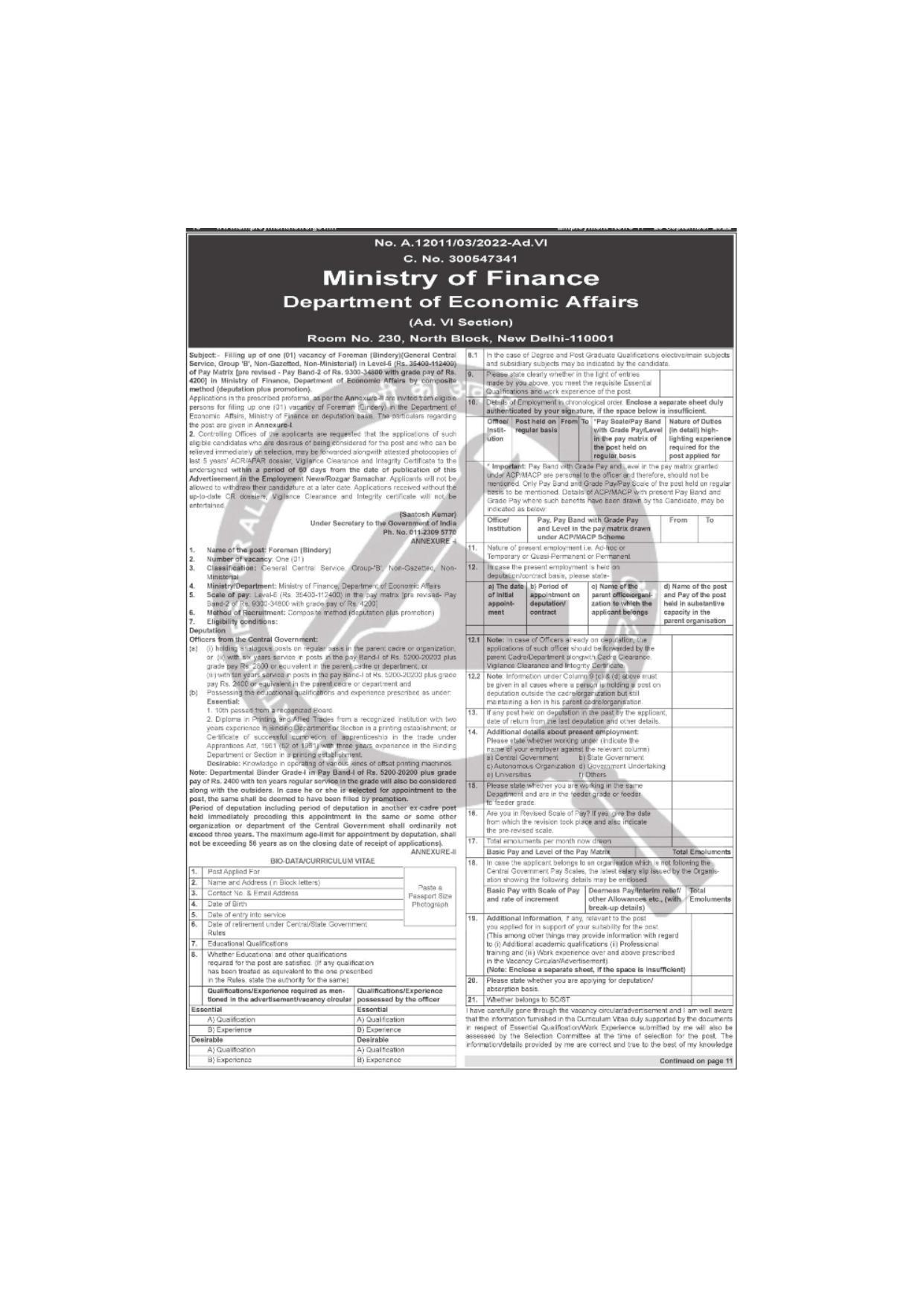 Ministry of Finance Invites Application for Foreman Recruitment 2022 - Page 1