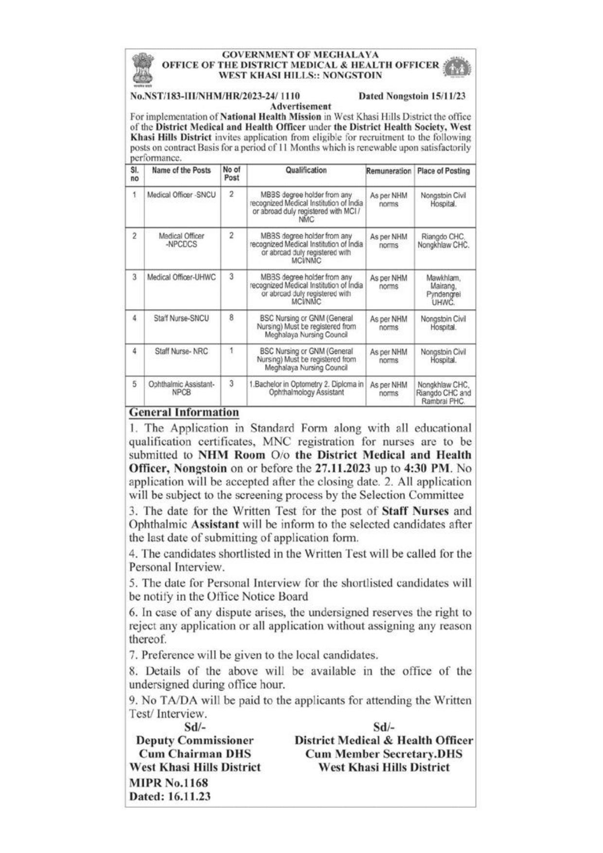 DMHO West Khasi Hills Medical Officer, Staff Nurse, Ophthalmic Assistant Recruitment 2023 - Page 1