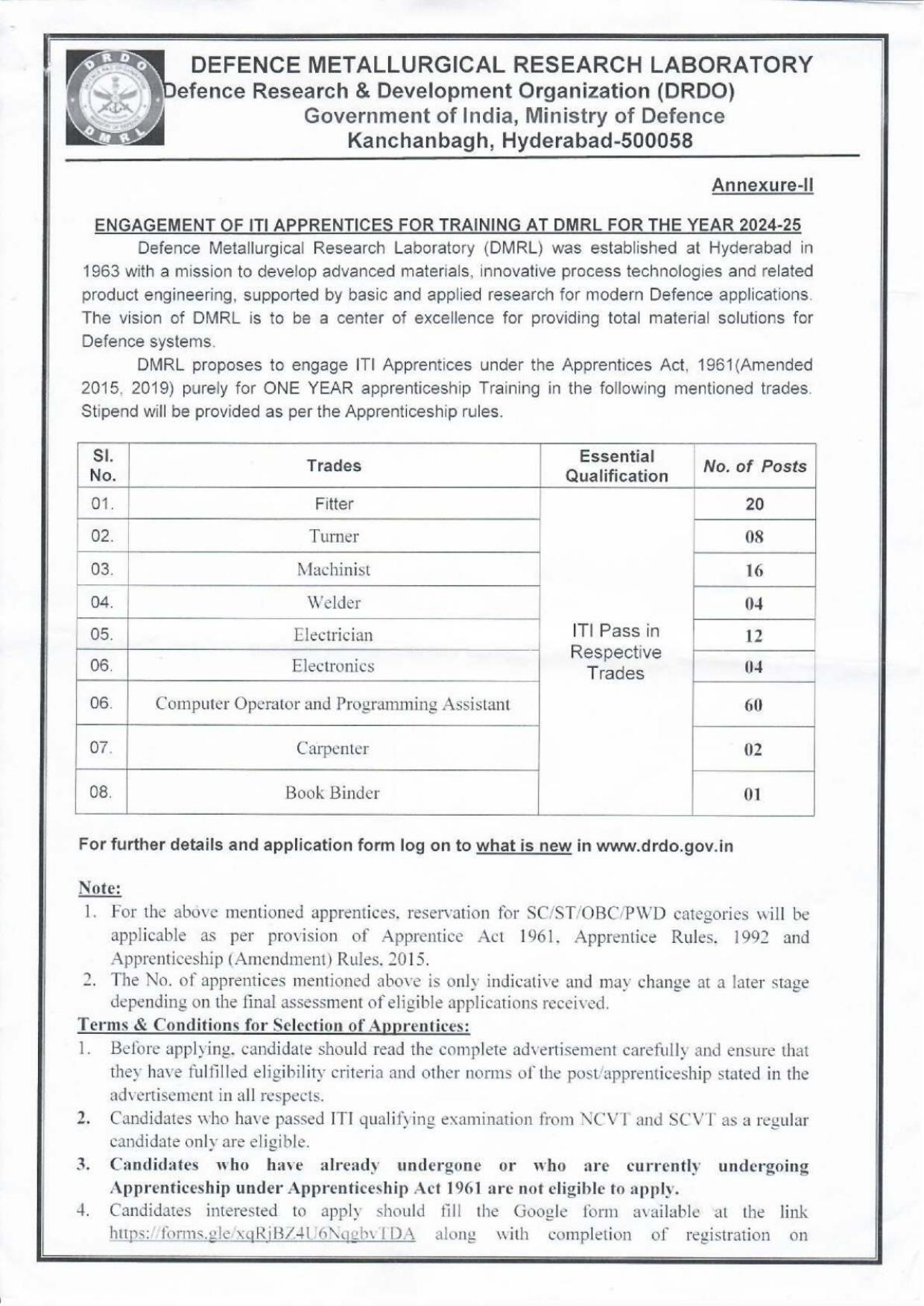 DRDO-Defence Metallurgical Research Laboratory (DMRL) ITI Apprentice Recruitment 2024 - Page 1