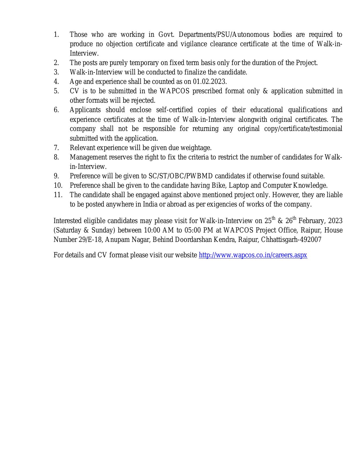 WAPCOS Limited Invites Application for 37 Field Supervisor Recruitment 2023 - Page 1