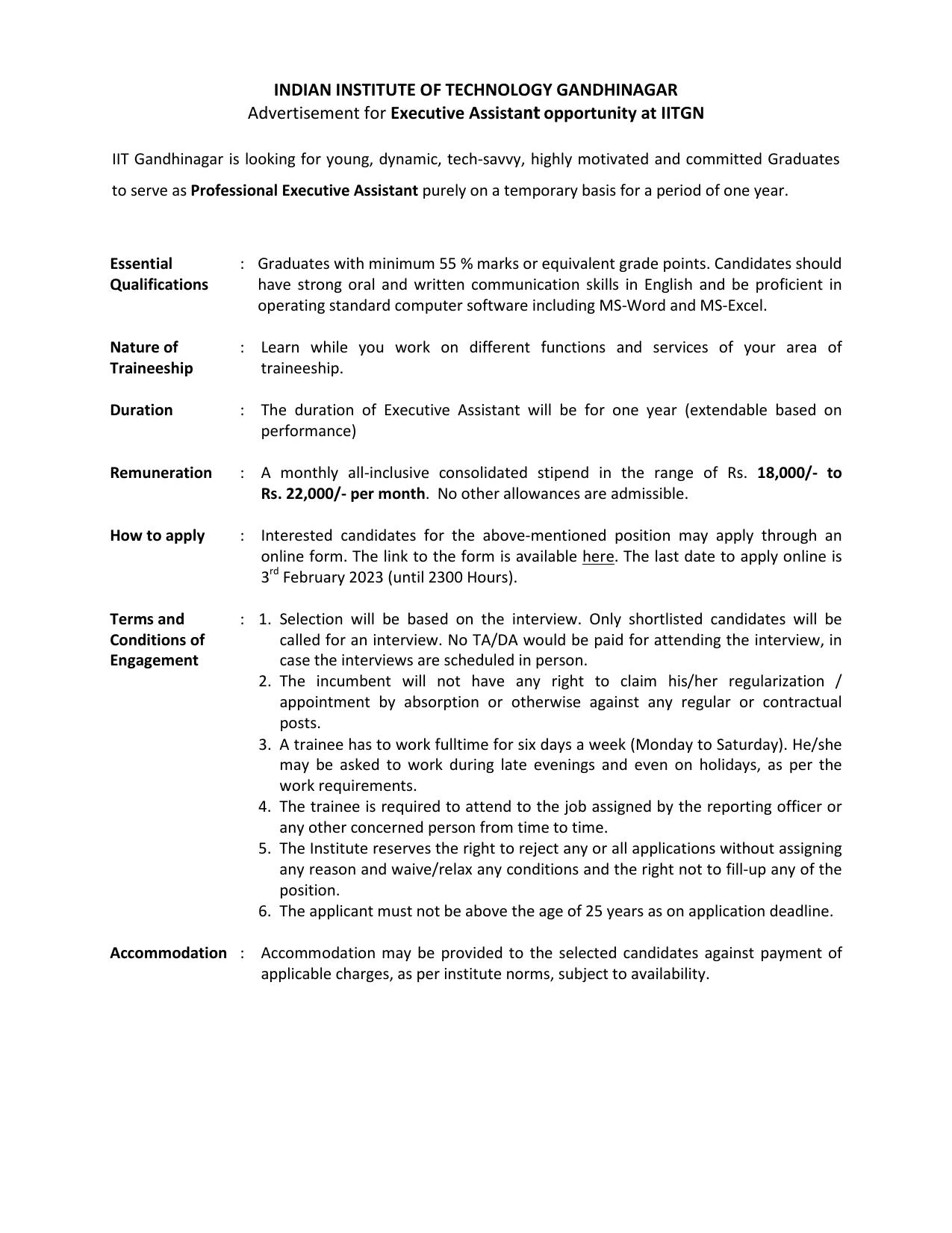 Indian Institute of Technology Gandhinagar Invites Application for Professional Executive Assistant Recruitment 2023 - Page 1