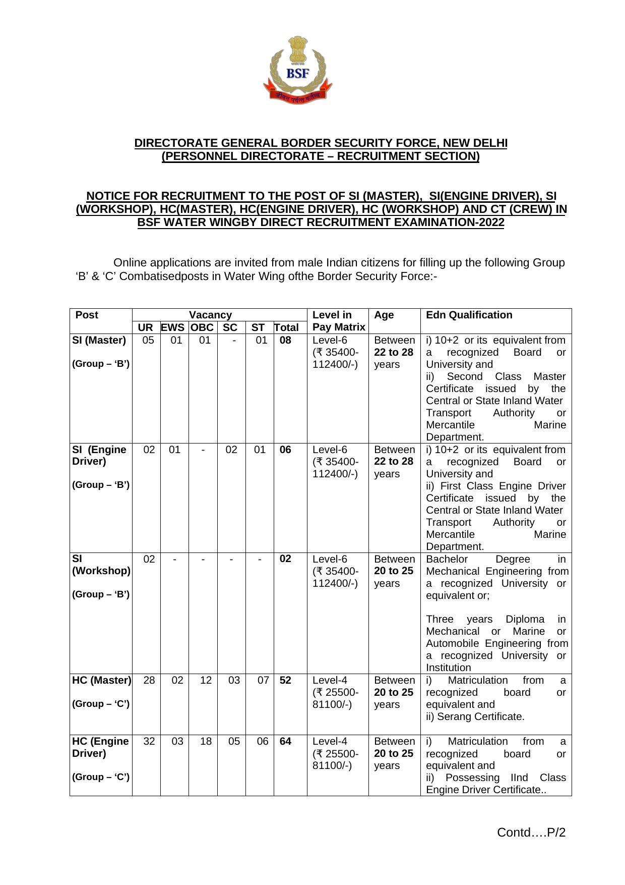 BSF Water Wing Recruitment 2022 Short Notice - Page 2