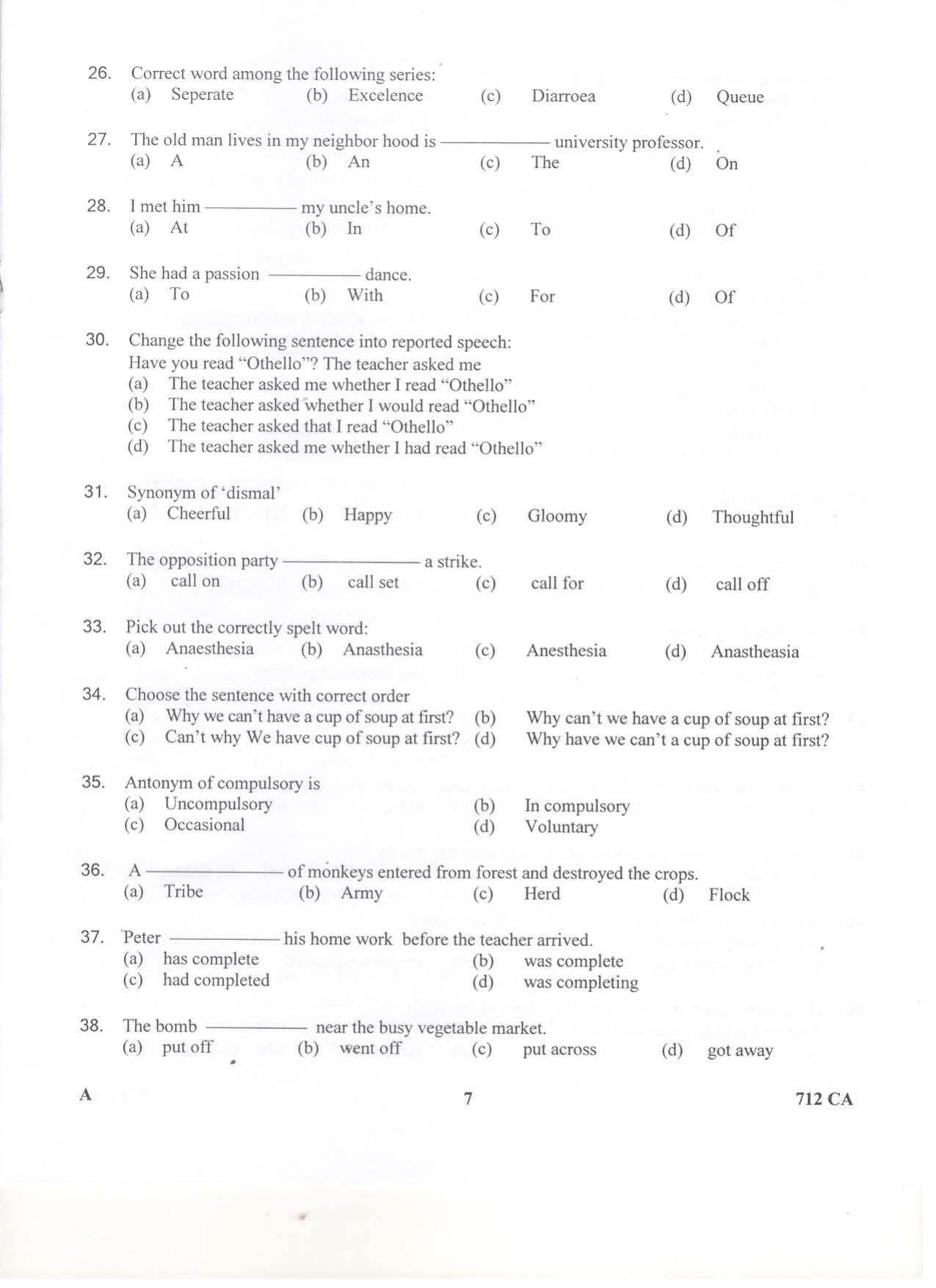 LPSC Catering Attendant ‘A’ 2019 Question Paper - Page 7