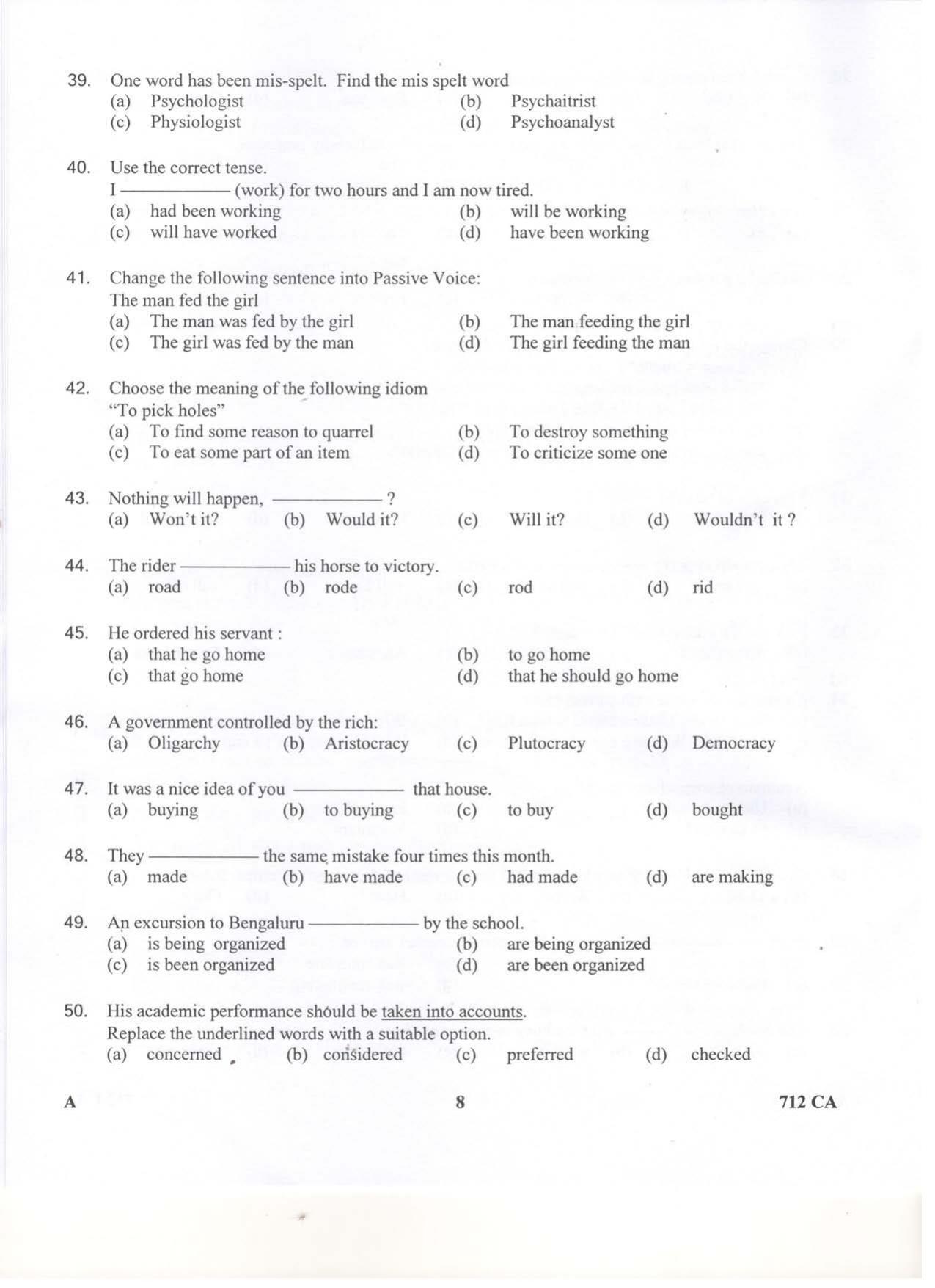 LPSC Catering Attendant ‘A’ 2019 Question Paper - Page 8