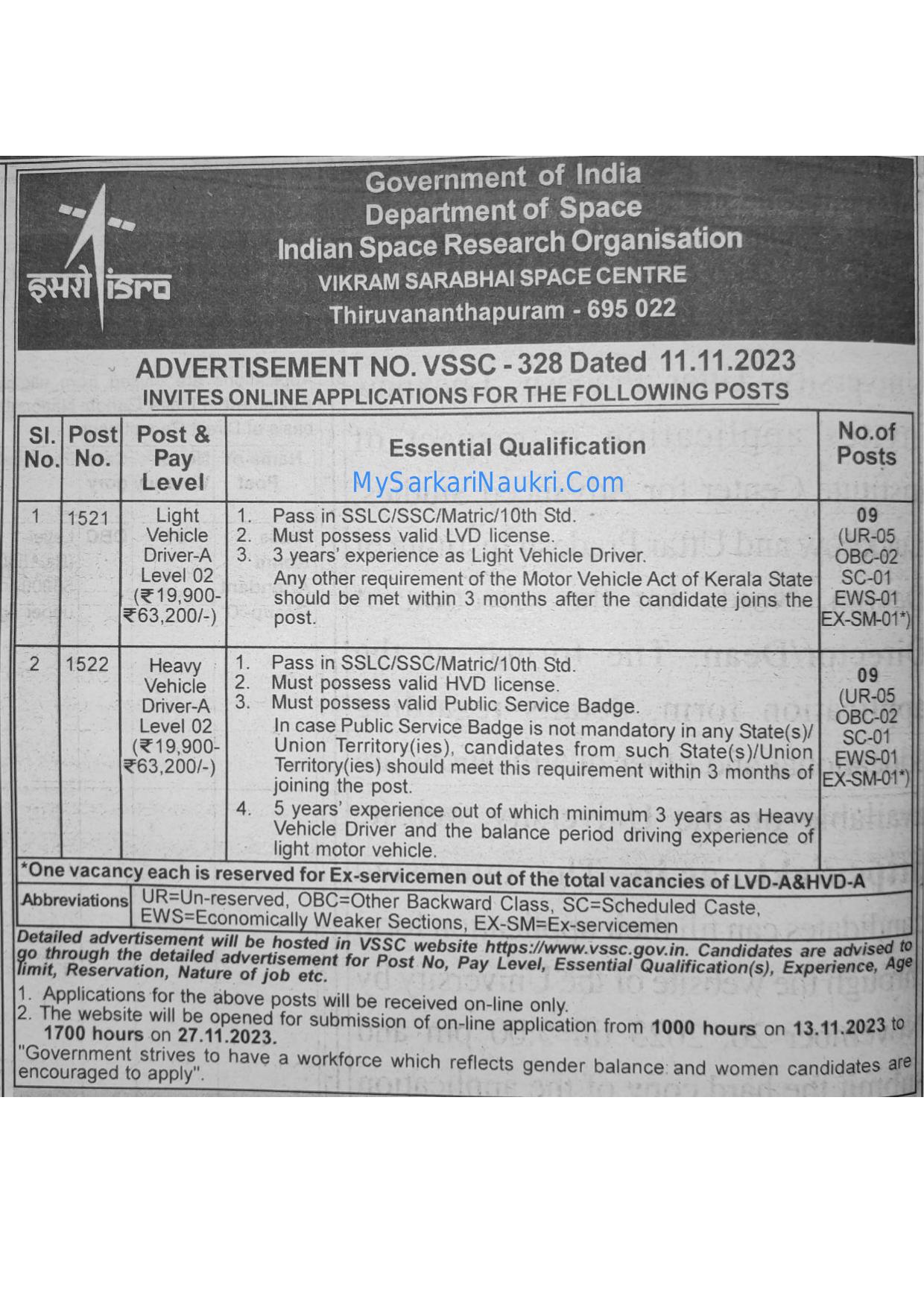 VSSC Light Vehicle Driver, Heavy Vehicle Driver Recruitment 2023 - Page 1