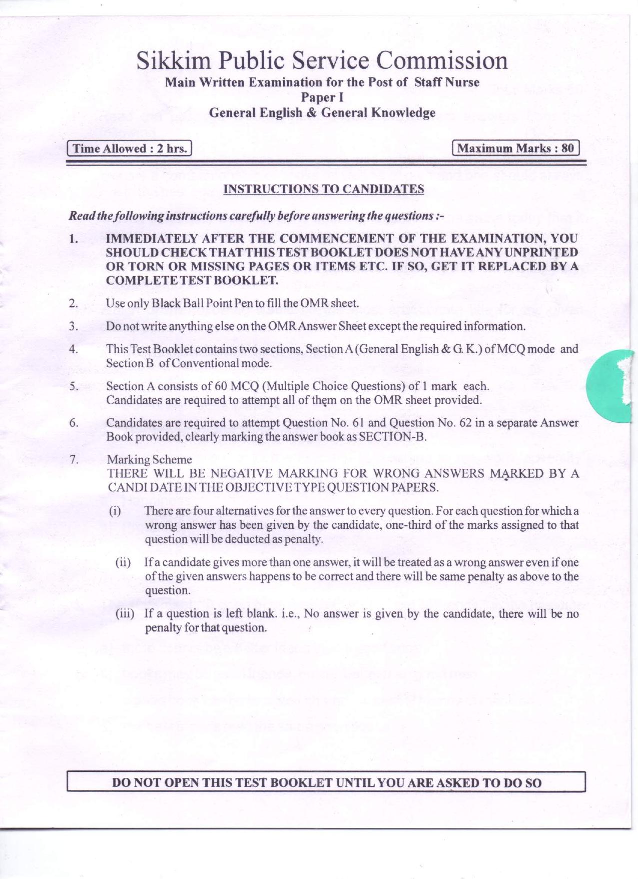 PDF Download Of SPSC MPHW General English & General Knowledge Previous Papers - Page 1