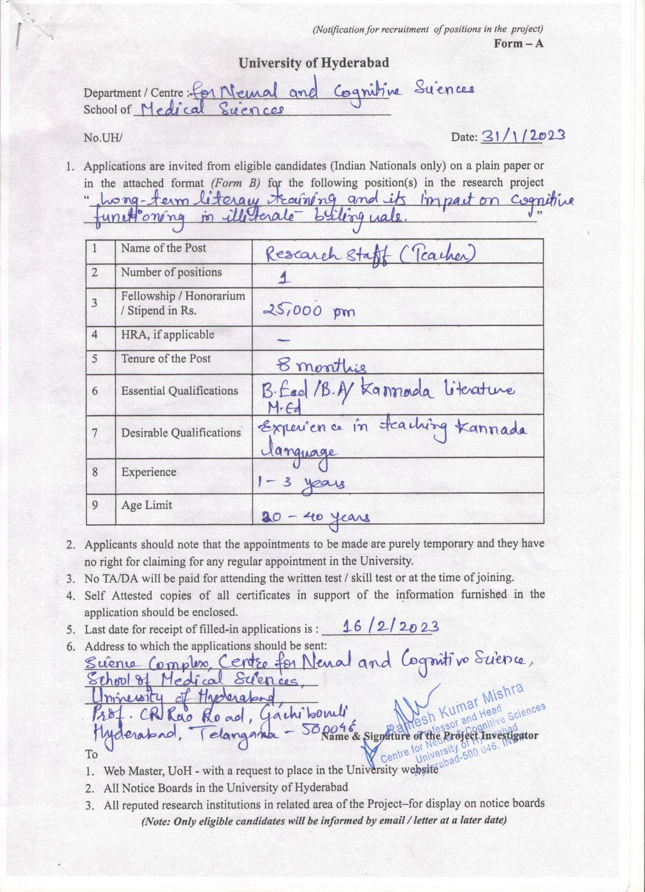 University of Hyderabad (UoH) Invites Application for Research Staff Recruitment 2023 - Page 2