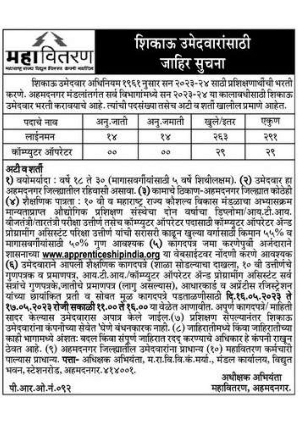 MAHADISCOM Lineman, Computer Operator Recruitment 2023 - Page 1