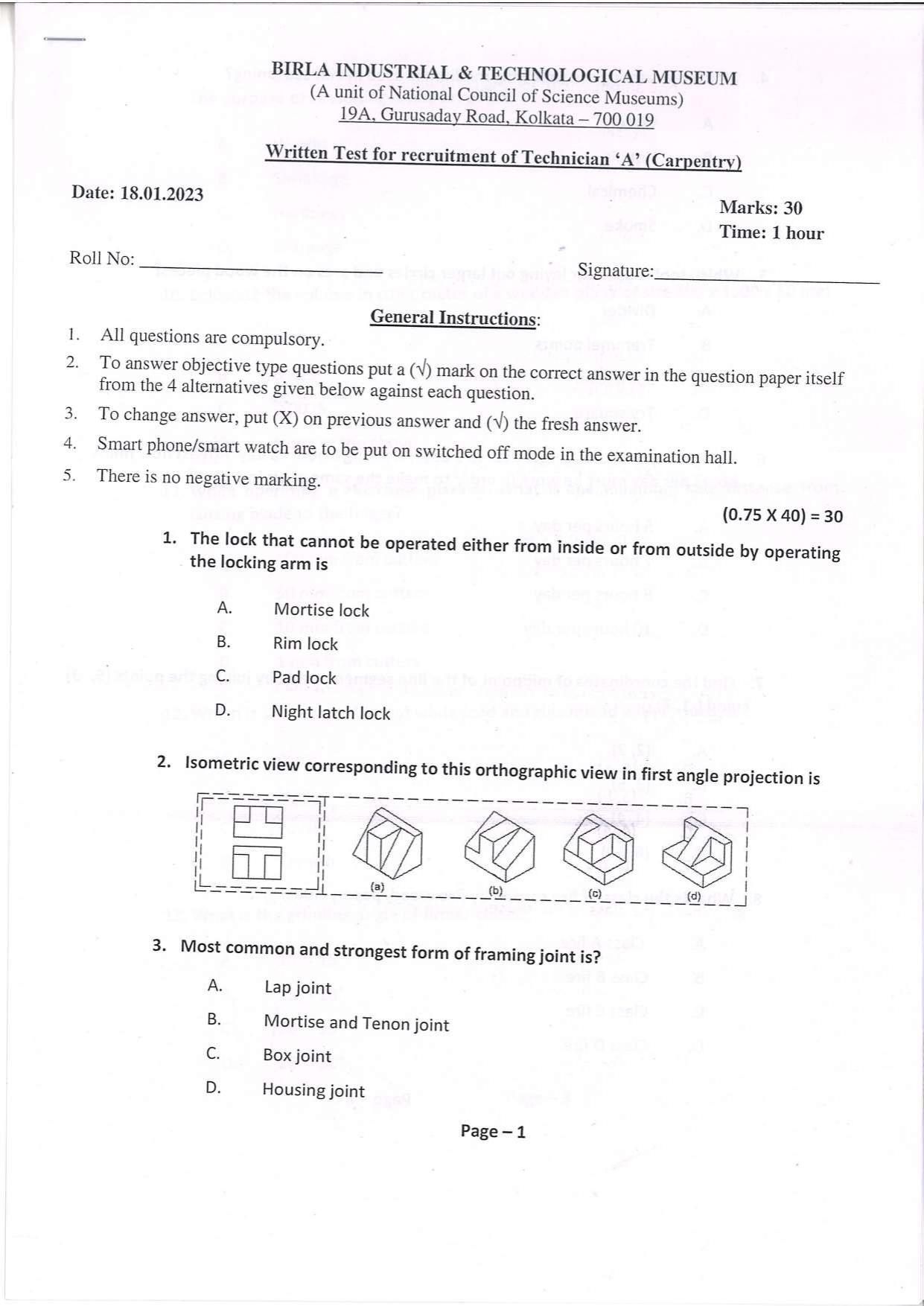 Question Paper of Technician ‘A’ (Carpentry) at BITM, Kolkata (Advertisement No. 4/2022) - Page 1
