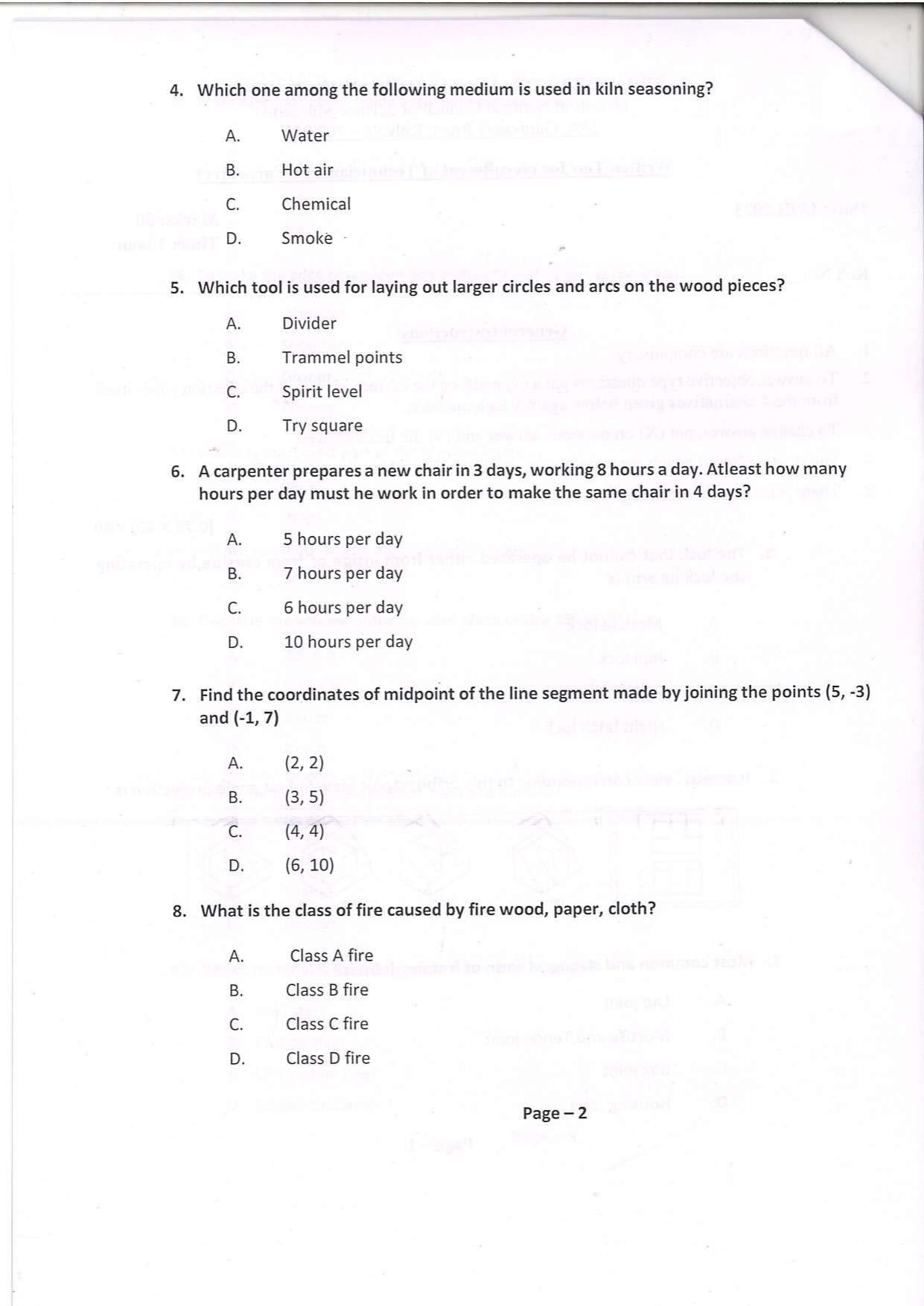 Question Paper of Technician ‘A’ (Carpentry) at BITM, Kolkata (Advertisement No. 4/2022) - Page 2