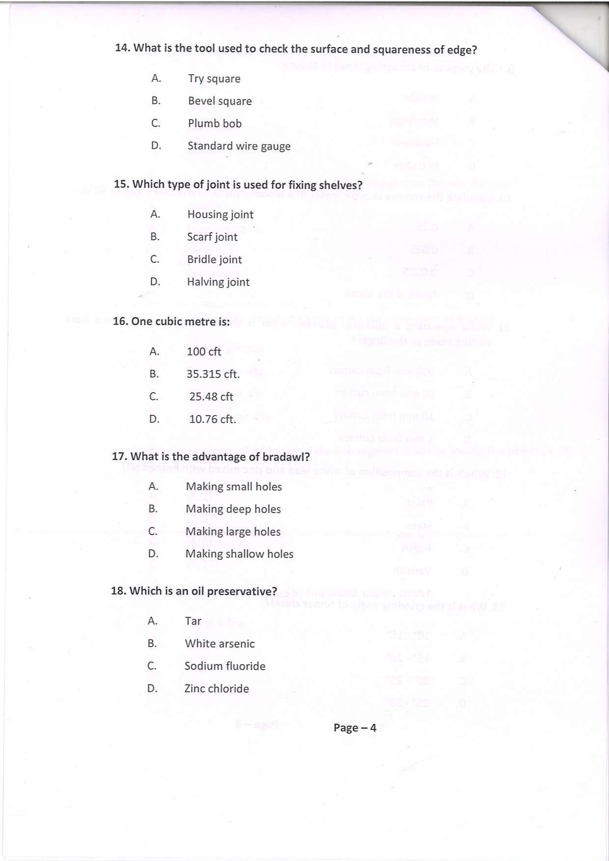 Question Paper of Technician ‘A’ (Carpentry) at BITM, Kolkata (Advertisement No. 4/2022) - Page 4