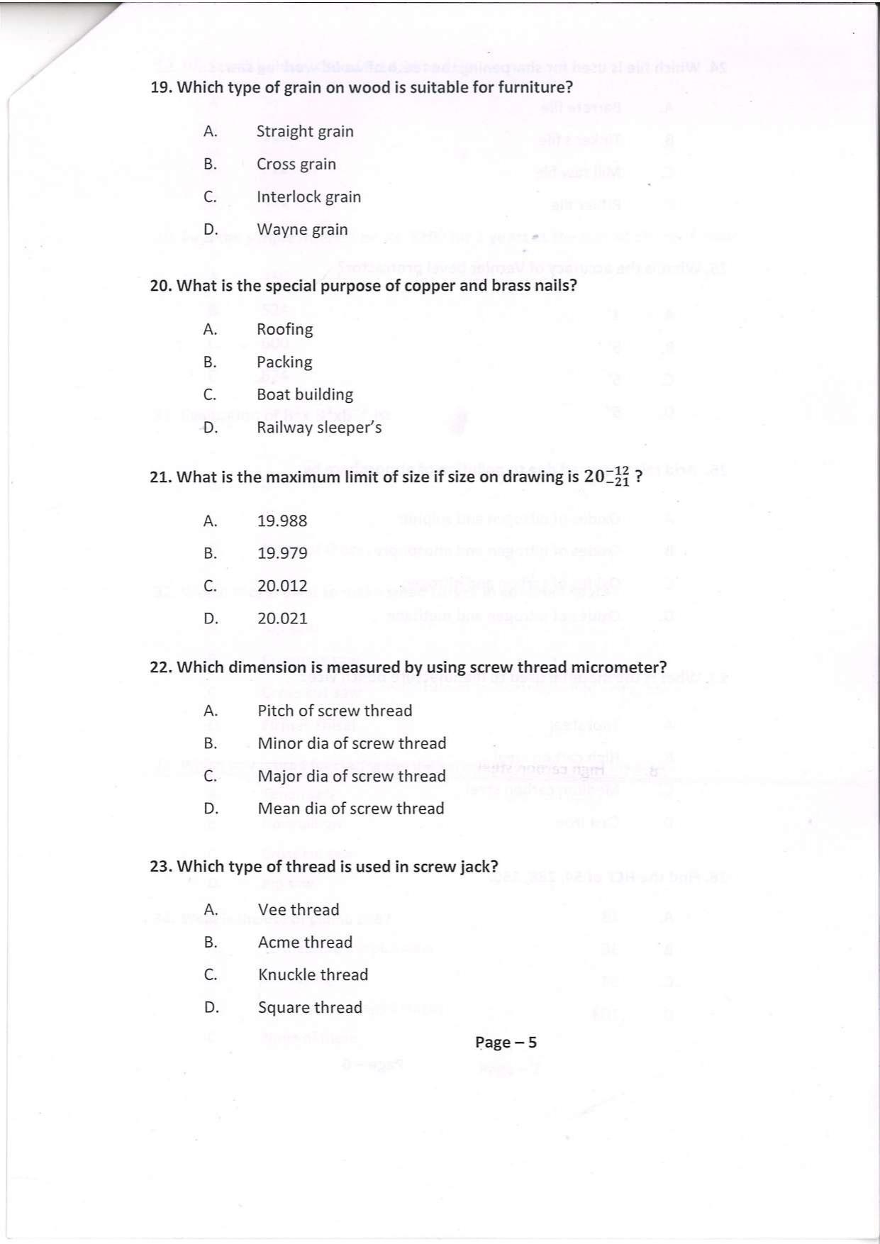Question Paper of Technician ‘A’ (Carpentry) at BITM, Kolkata (Advertisement No. 4/2022) - Page 5