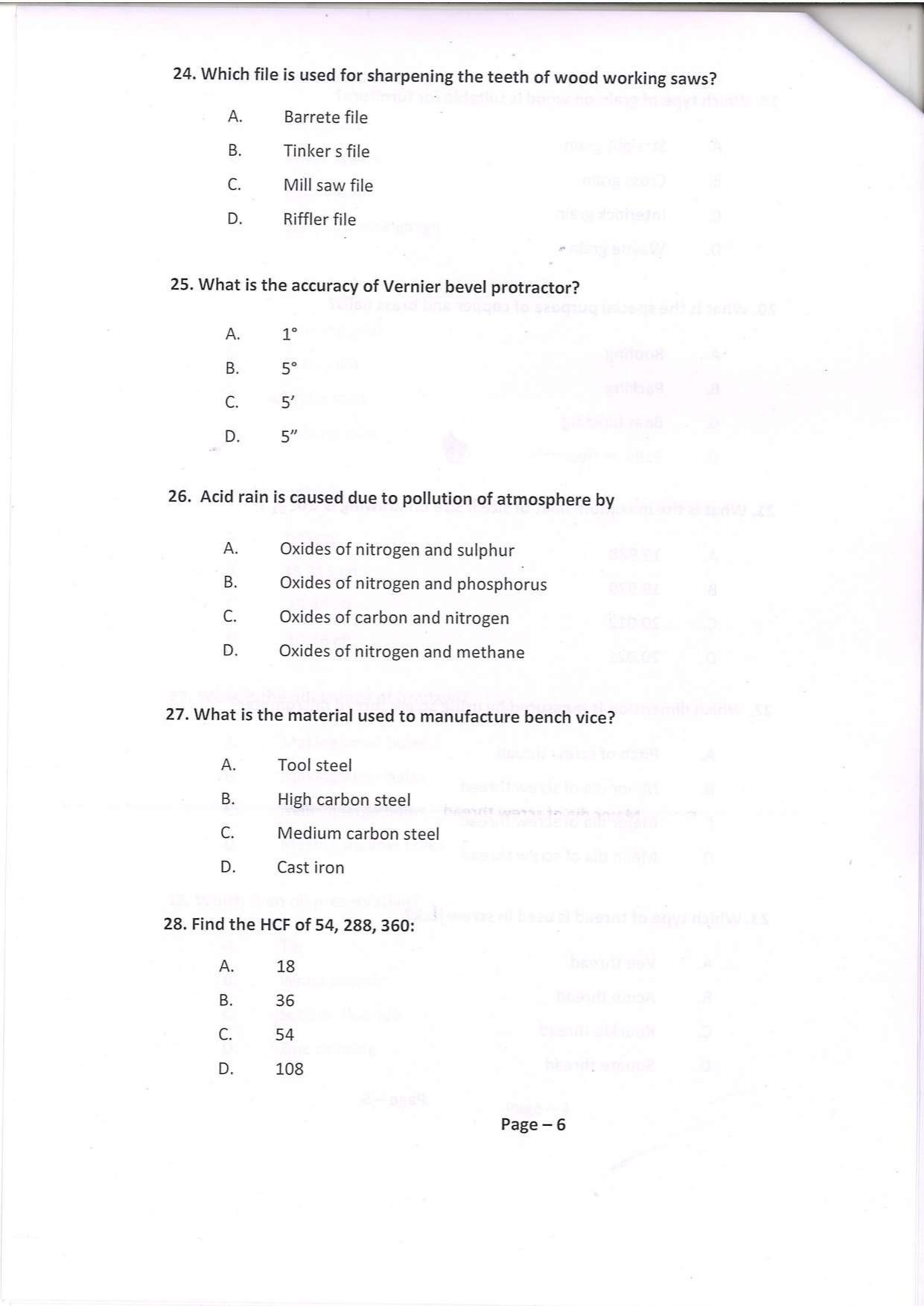 Question Paper of Technician ‘A’ (Carpentry) at BITM, Kolkata (Advertisement No. 4/2022) - Page 6