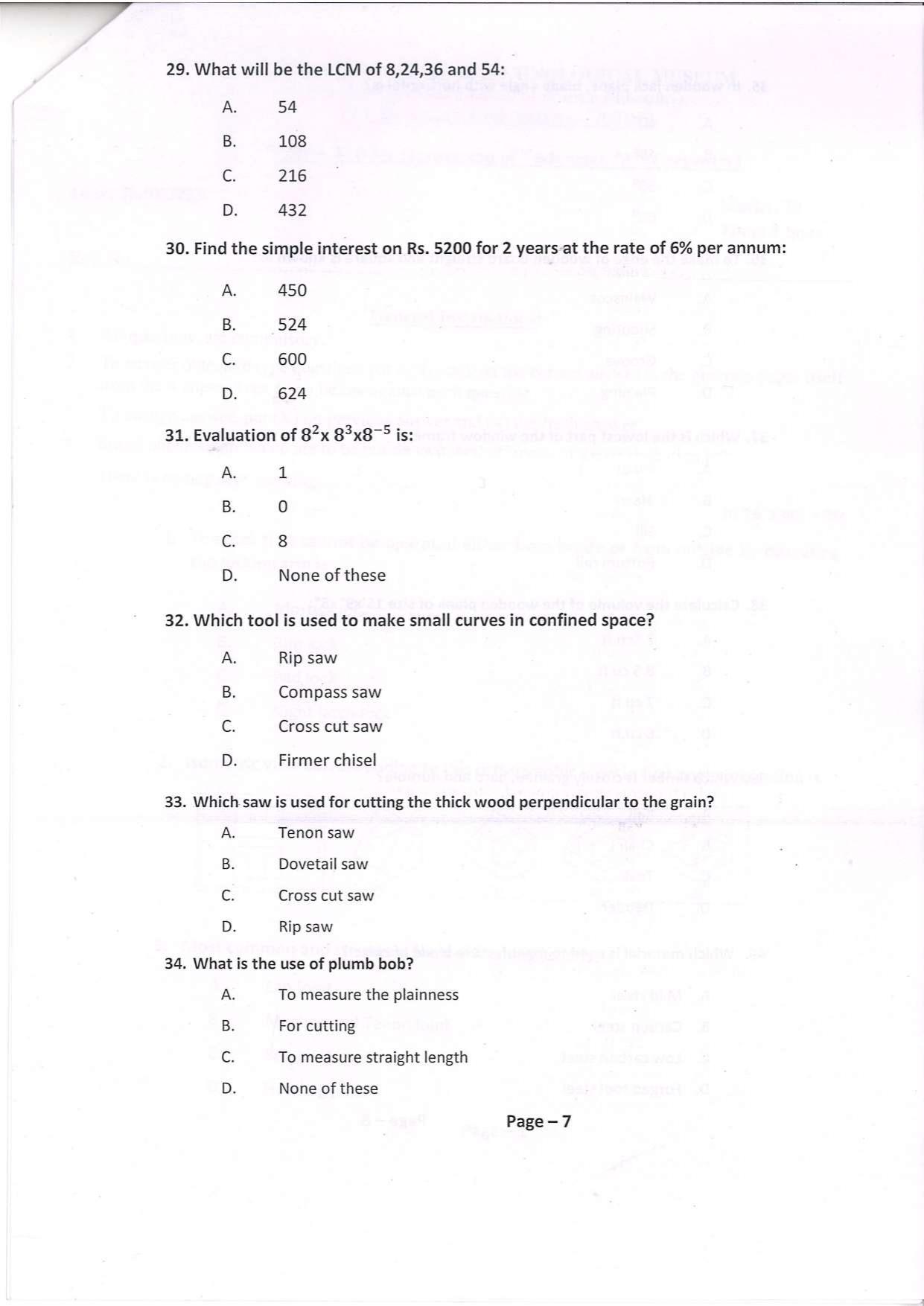 Question Paper of Technician ‘A’ (Carpentry) at BITM, Kolkata (Advertisement No. 4/2022) - Page 7