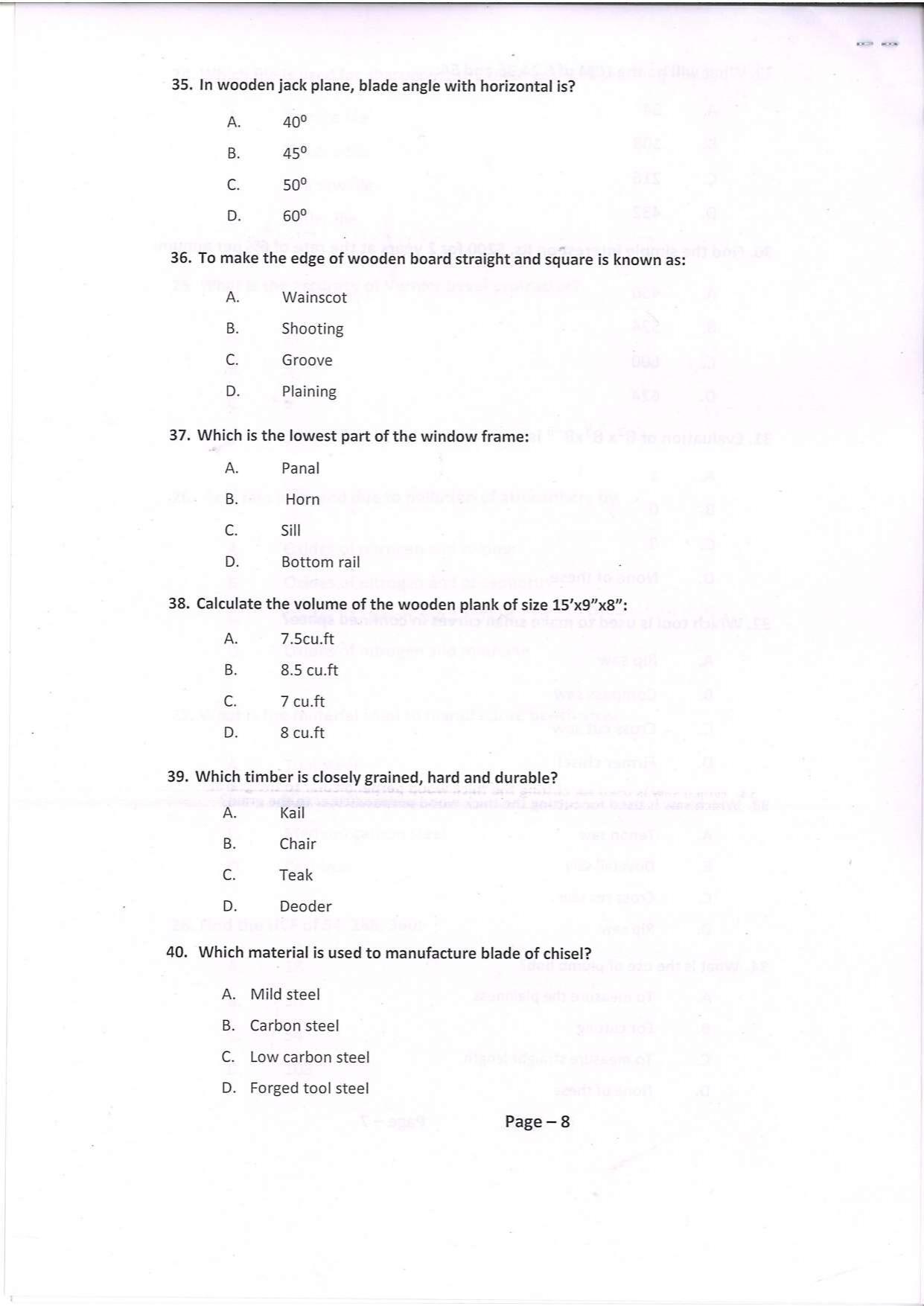 Question Paper of Technician ‘A’ (Carpentry) at BITM, Kolkata (Advertisement No. 4/2022) - Page 8