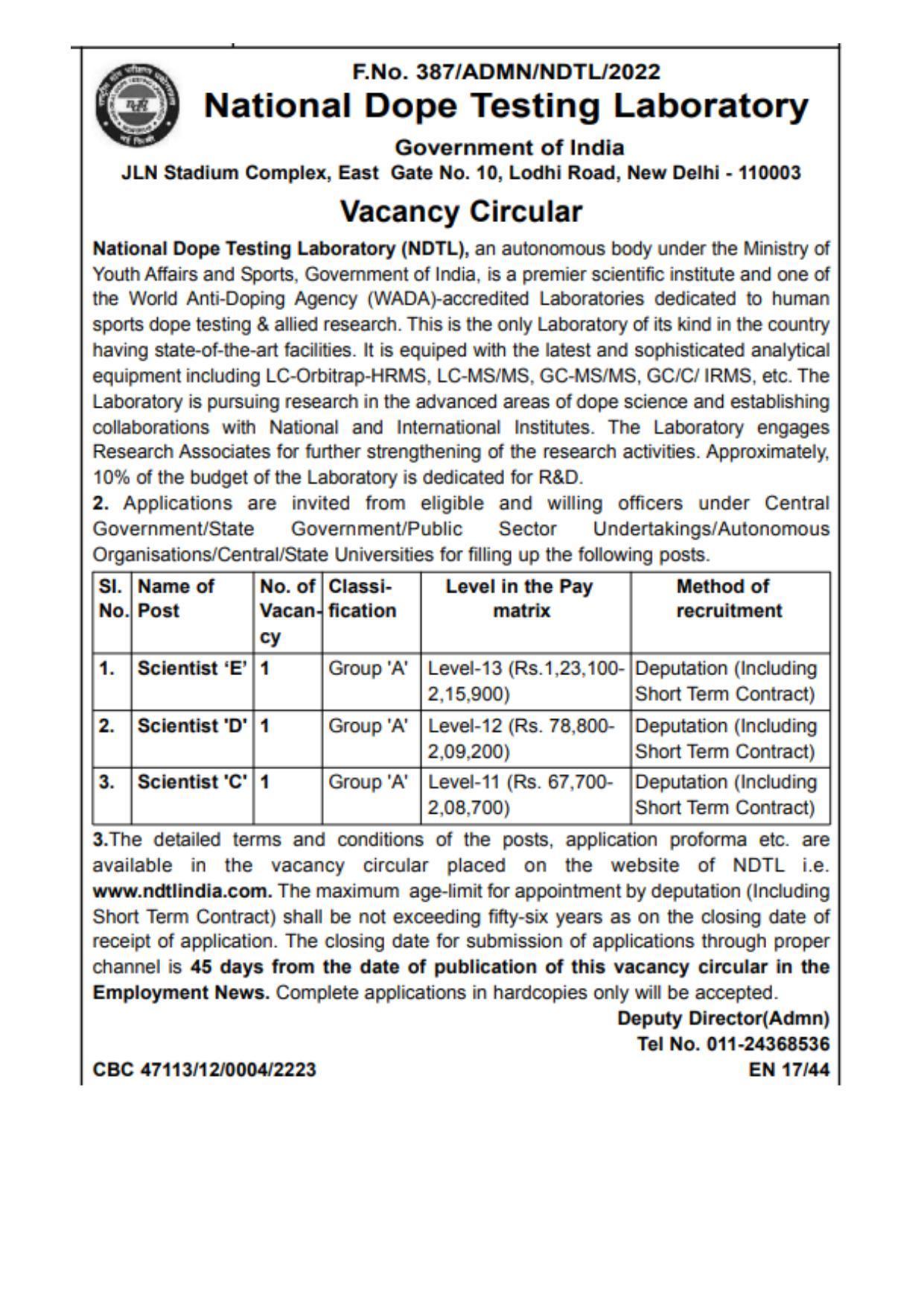 National Dope Testing Laboratory Invites Application for Scientist-E, Scientist-D, More Vacancies Recruitment 2022 - Page 1