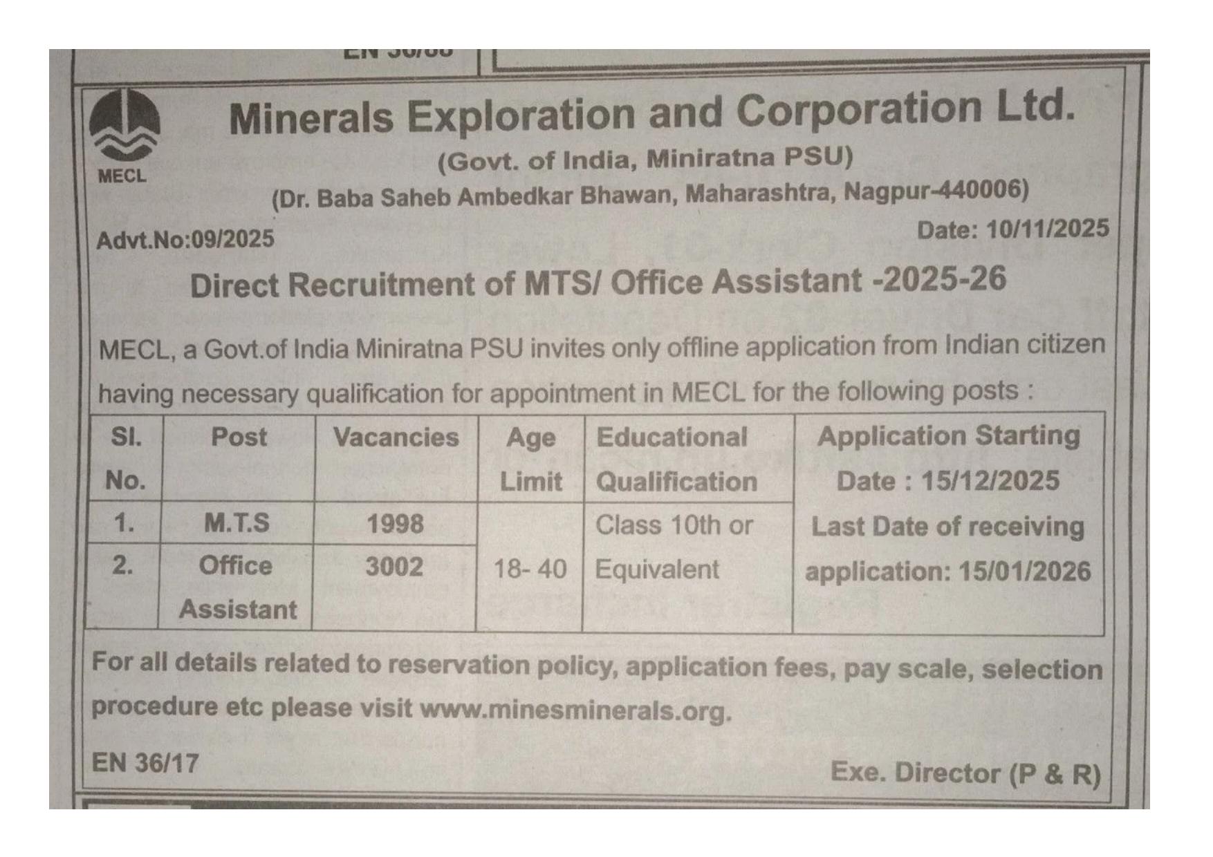Mineral Exploration and Corporation Limited (MECL) 5000 MTS, Office Assistant Recruitment 2025 - Page 1