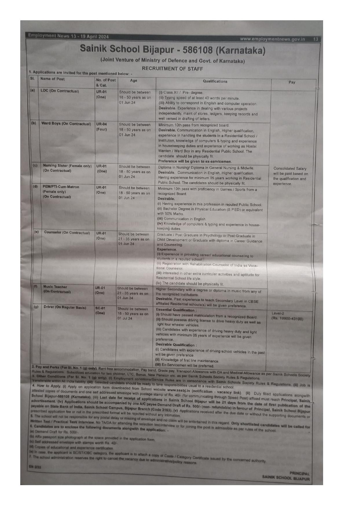 Sainik School Bijapur (SSBJ) LDC, Ward Boys and Various Posts Recruitment 2024 - Page 1