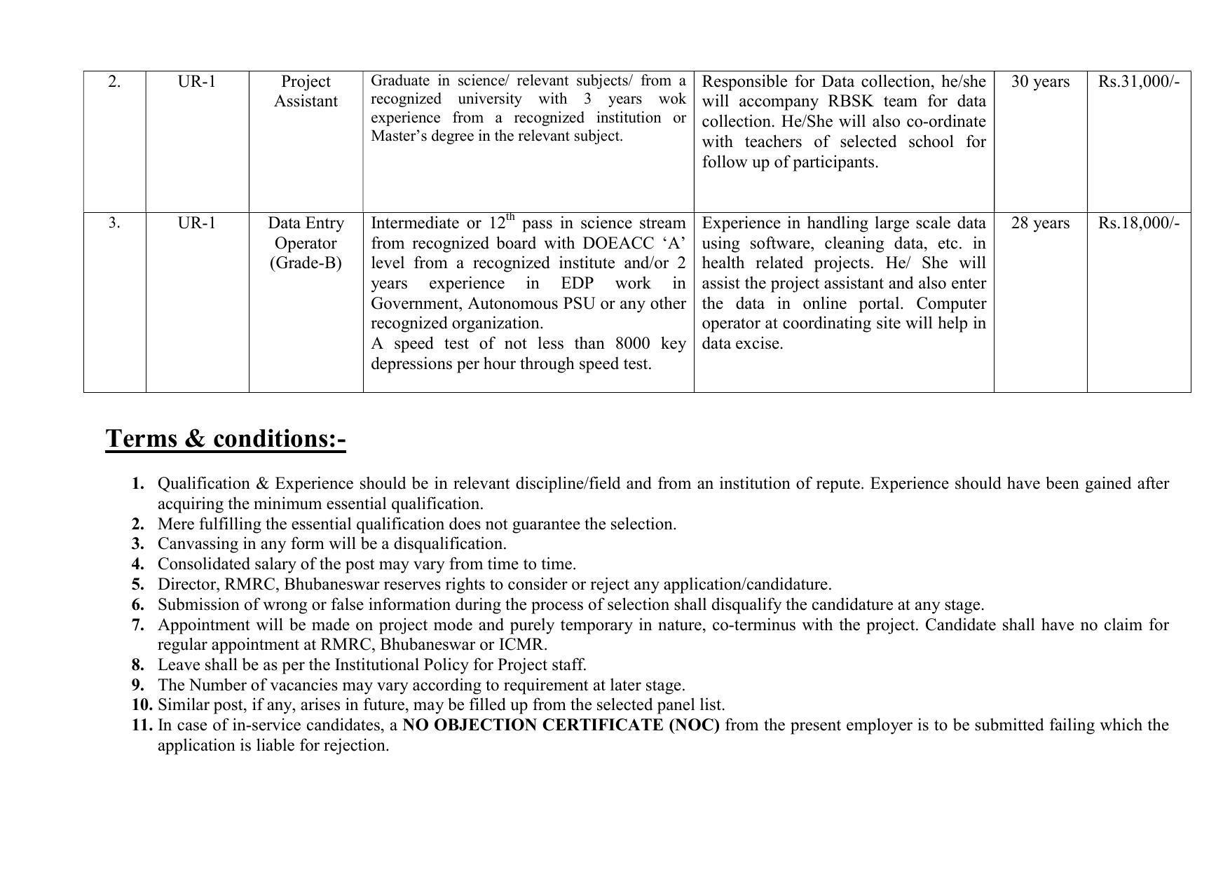 RMRC Bhubaneswar Invites Application for Junior Medical Officer, Project Assistant, More Vacancies Recruitment 2022 - Page 1