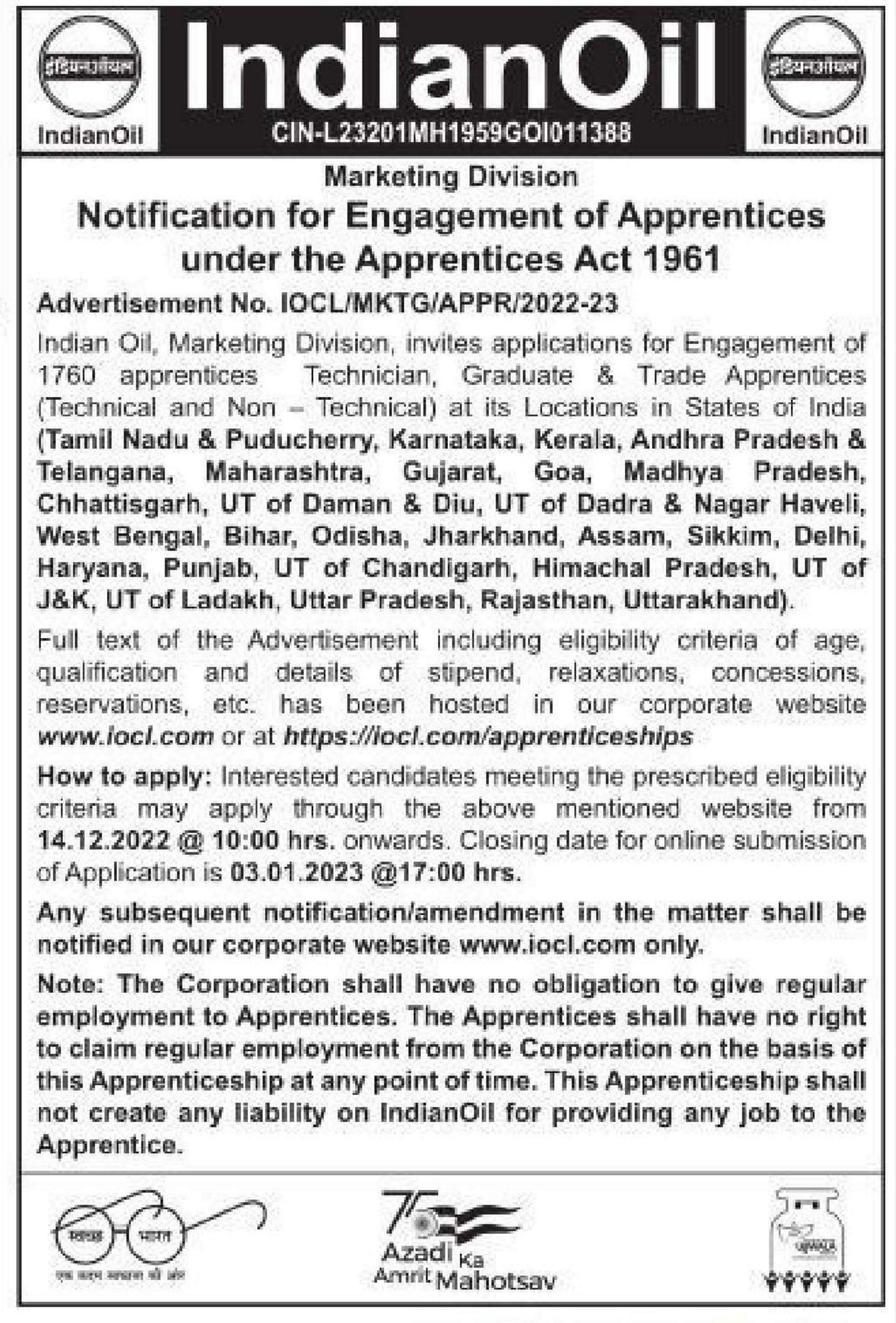 IOCL 1760 Apprentice Recruitment 2022 - Page 1