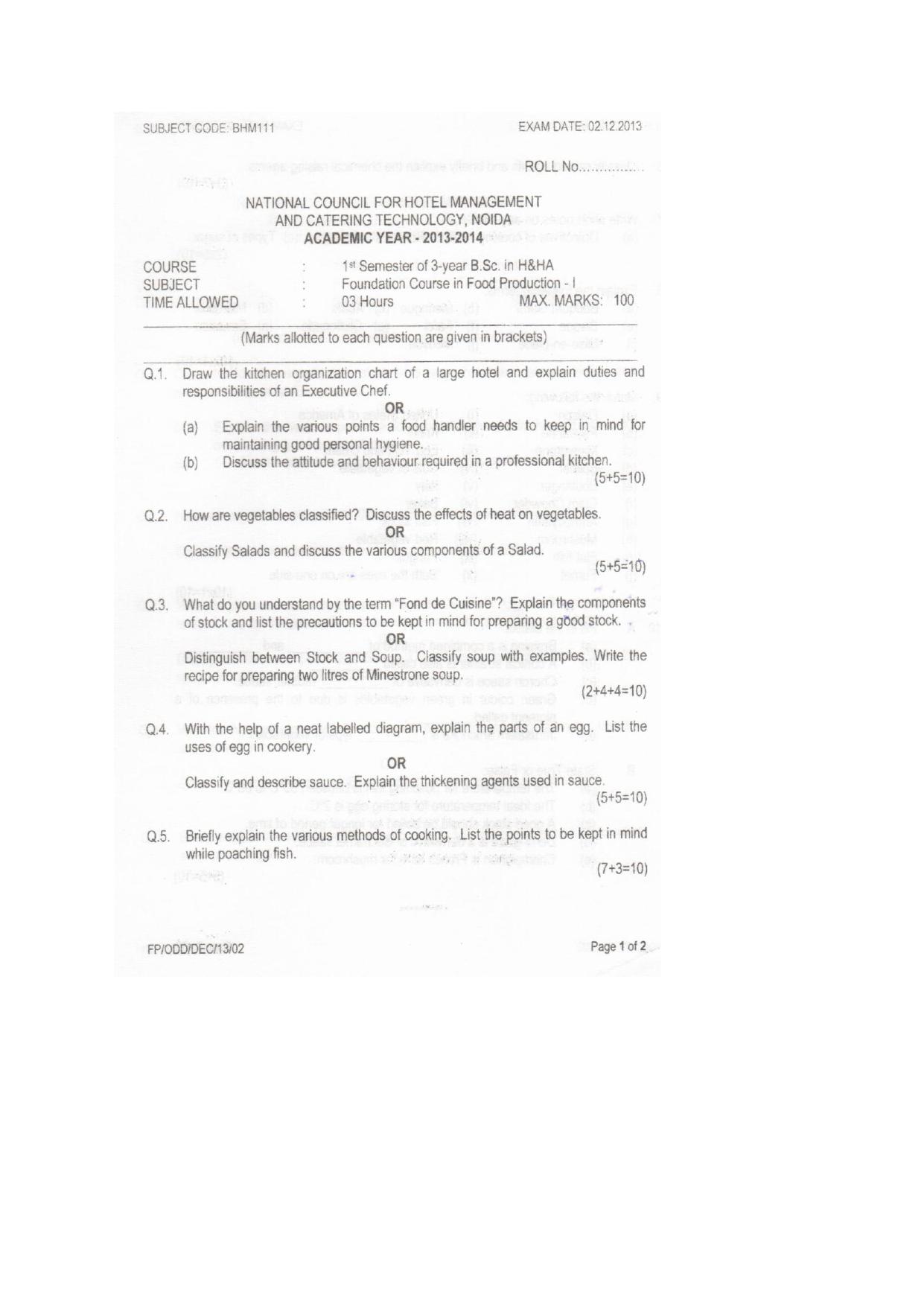 VCRC Catering & Hospitality Management Sample Paper - Page 1