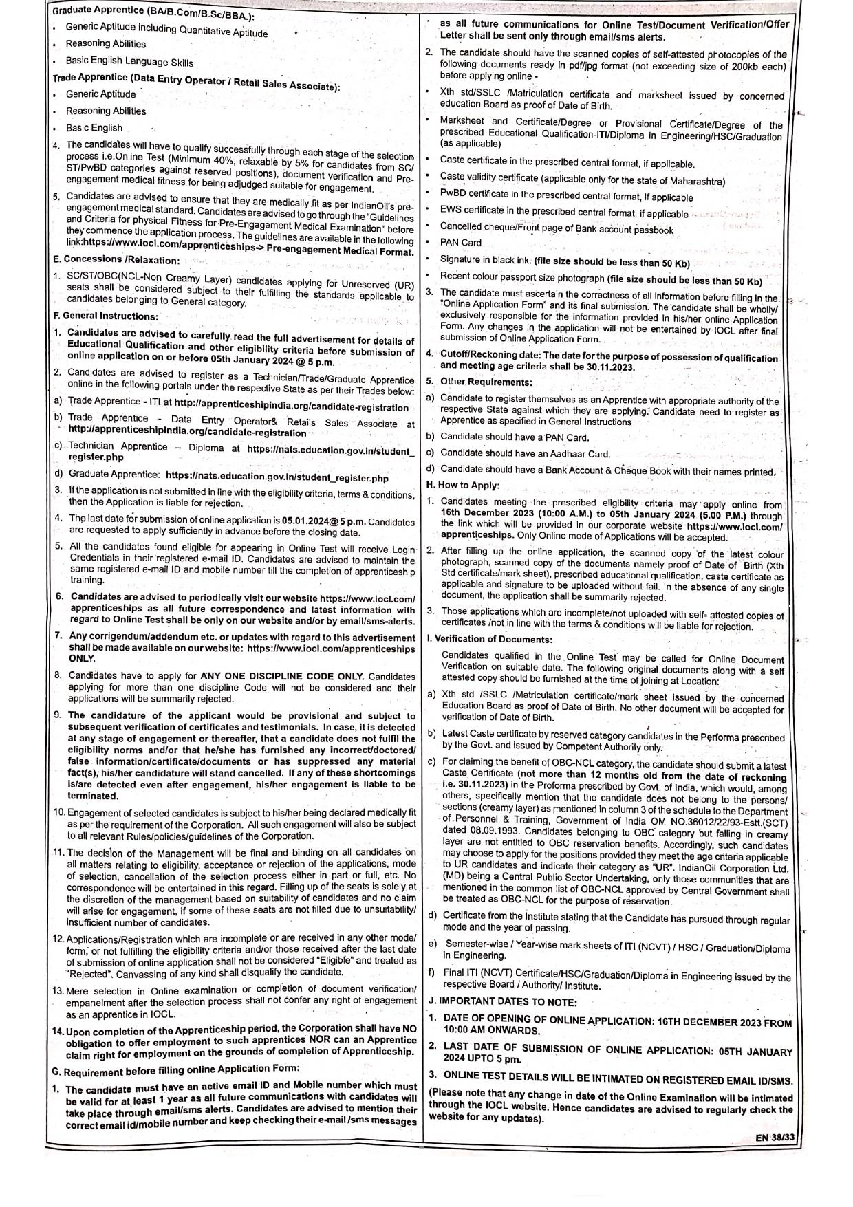 Indian Oil Corporation (IOCL) Technician/ Graduate/ Trade Apprentice Recruitment 2023 - Page 5