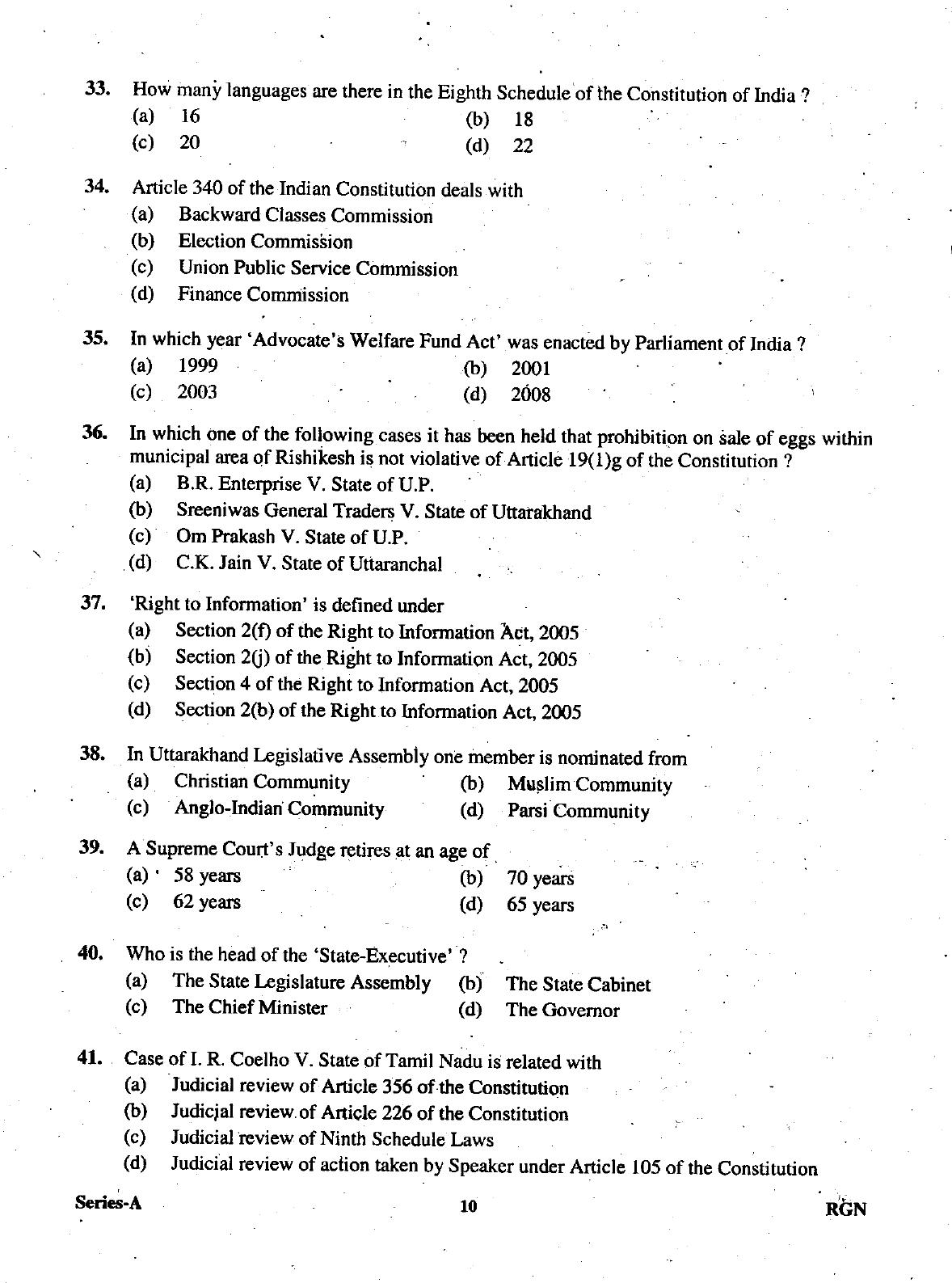 Uttarakhand Judicial Service Civil Judge (Junior Division) Exam-2009 Pre Examination  - Page 10