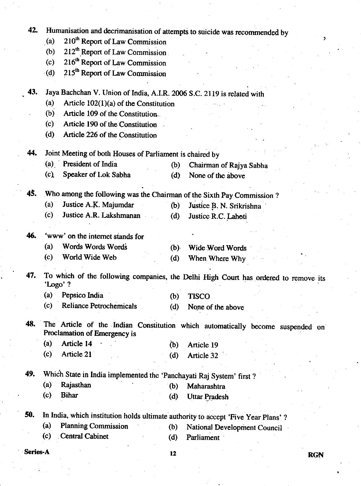 Uttarakhand Judicial Service Civil Judge (Junior Division) Exam-2009 Pre Examination  - Page 12
