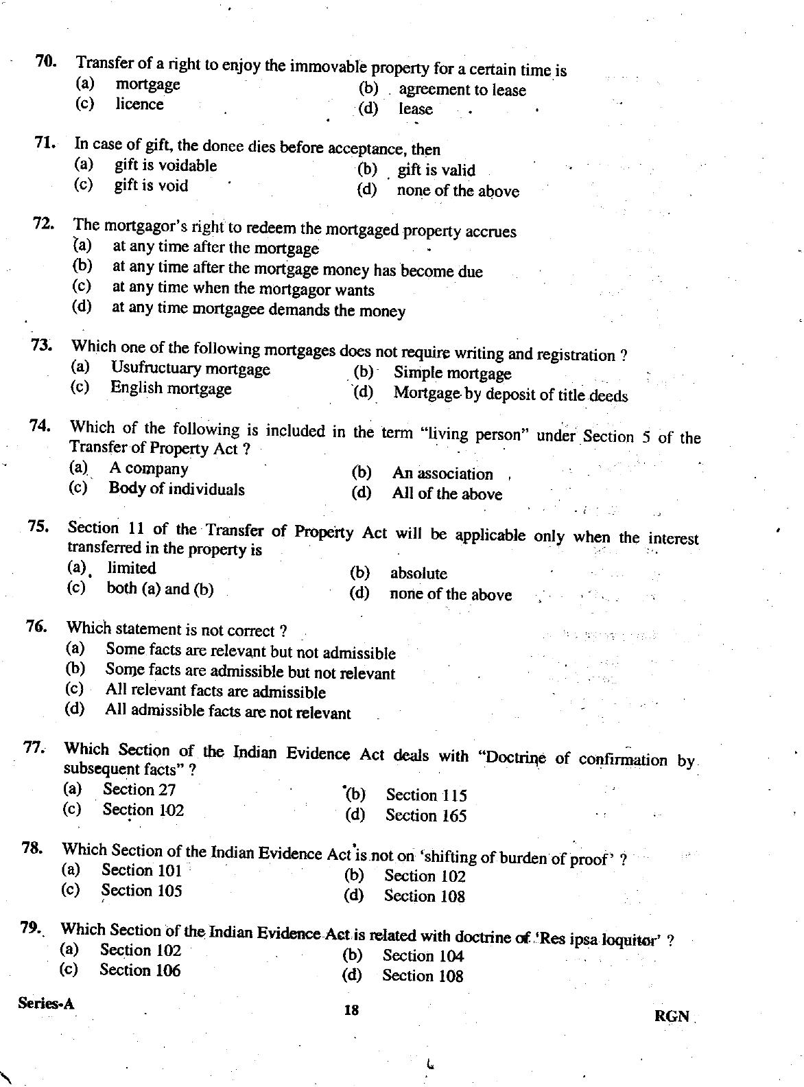 Uttarakhand Judicial Service Civil Judge (Junior Division) Exam-2009 Pre Examination  - Page 18