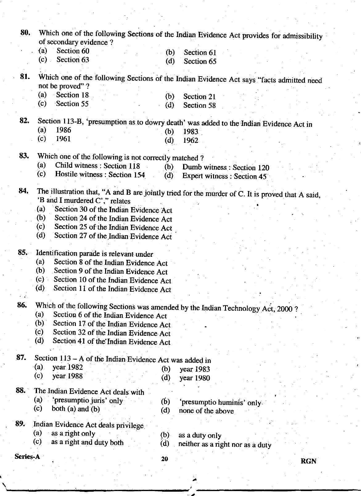 Uttarakhand Judicial Service Civil Judge (Junior Division) Exam-2009 Pre Examination  - Page 20