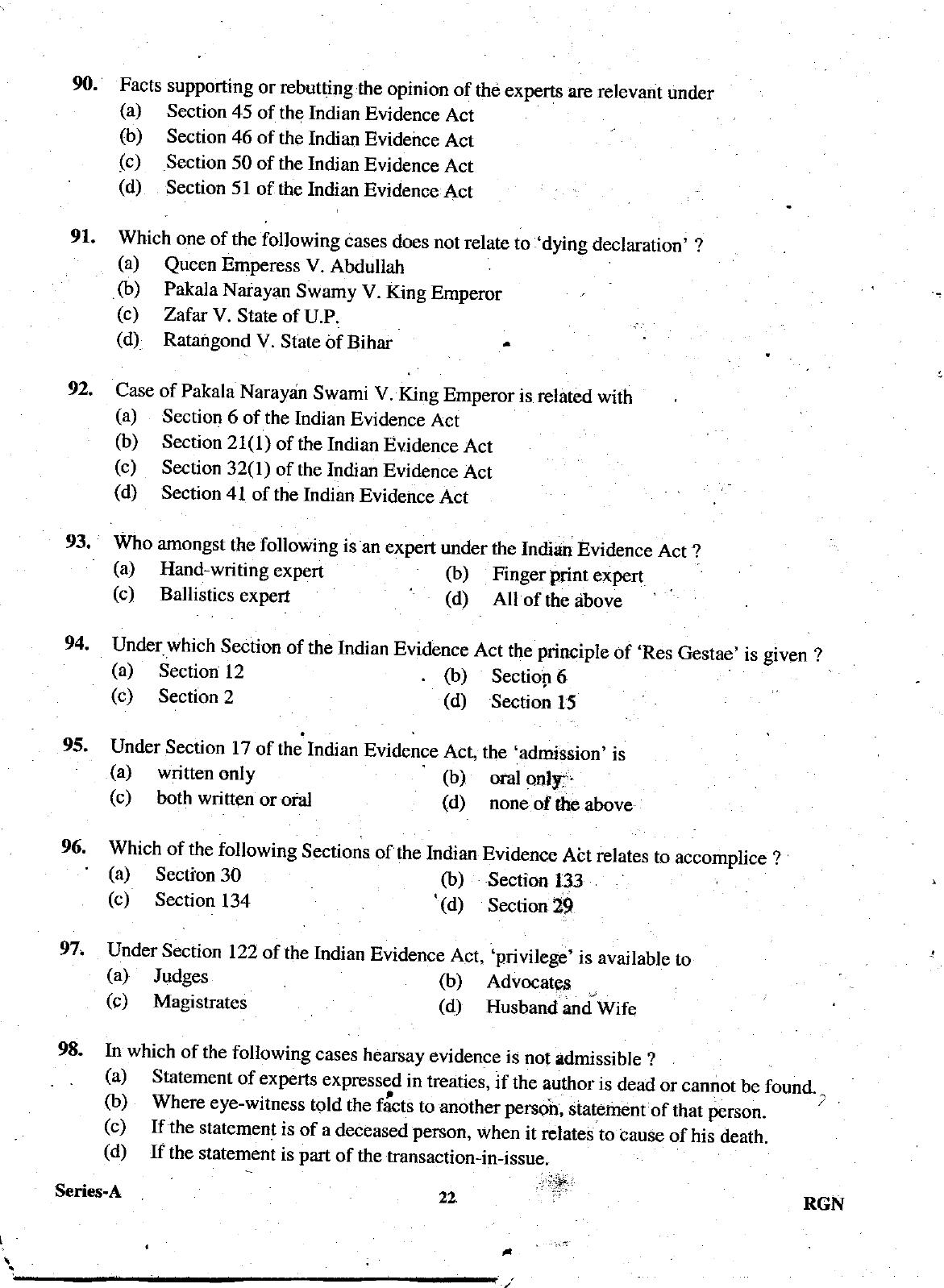 Uttarakhand Judicial Service Civil Judge (Junior Division) Exam-2009 Pre Examination  - Page 22