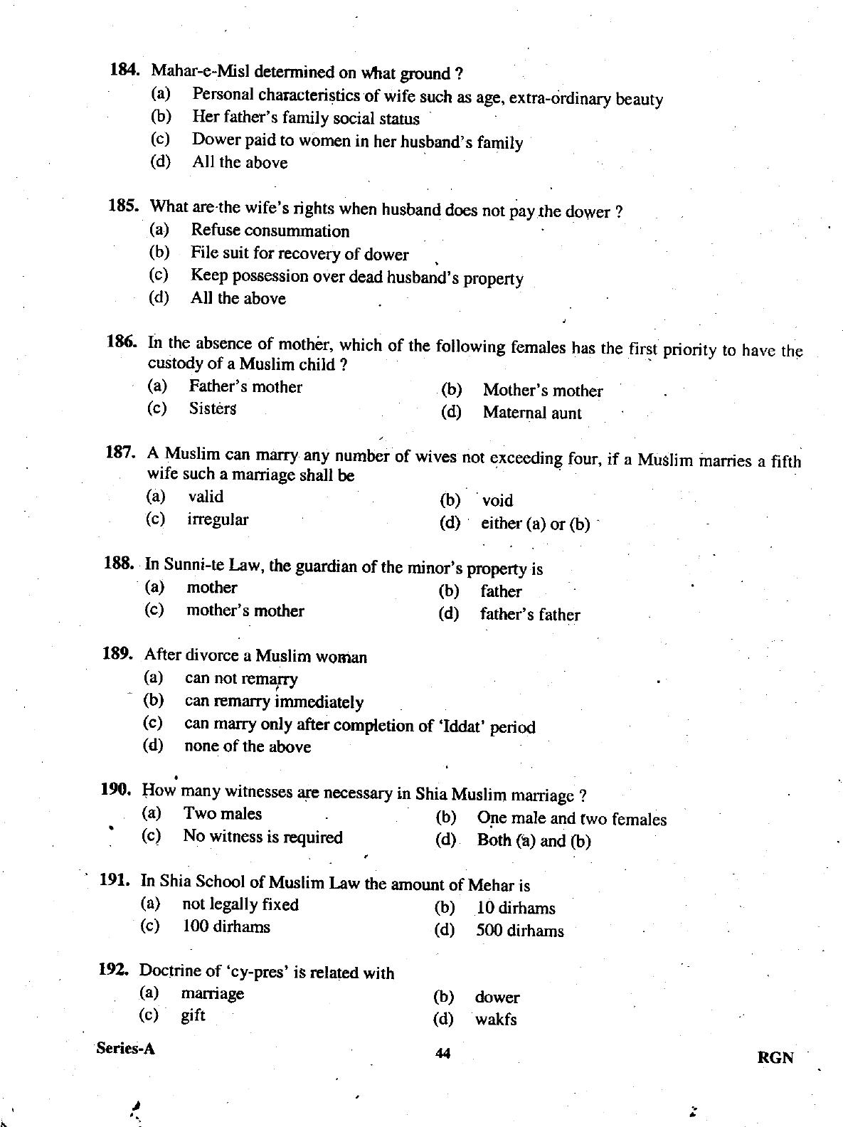 Uttarakhand Judicial Service Civil Judge (Junior Division) Exam-2009 Pre Examination  - Page 44