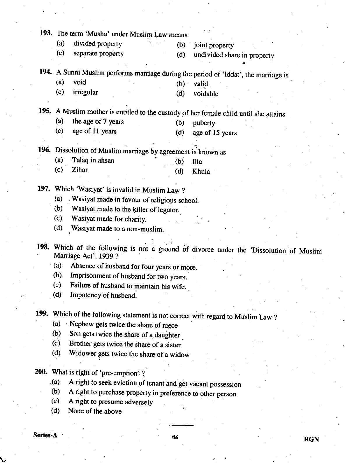 Uttarakhand Judicial Service Civil Judge (Junior Division) Exam-2009 Pre Examination  - Page 46