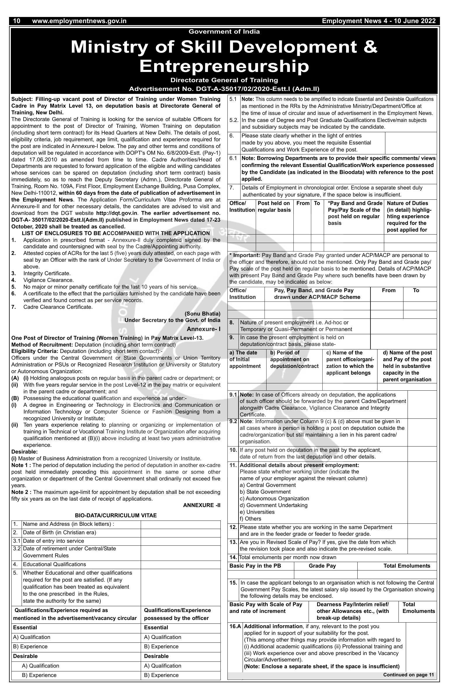 Directorate General of Training Director of Training Recruitment 2022 - Page 1