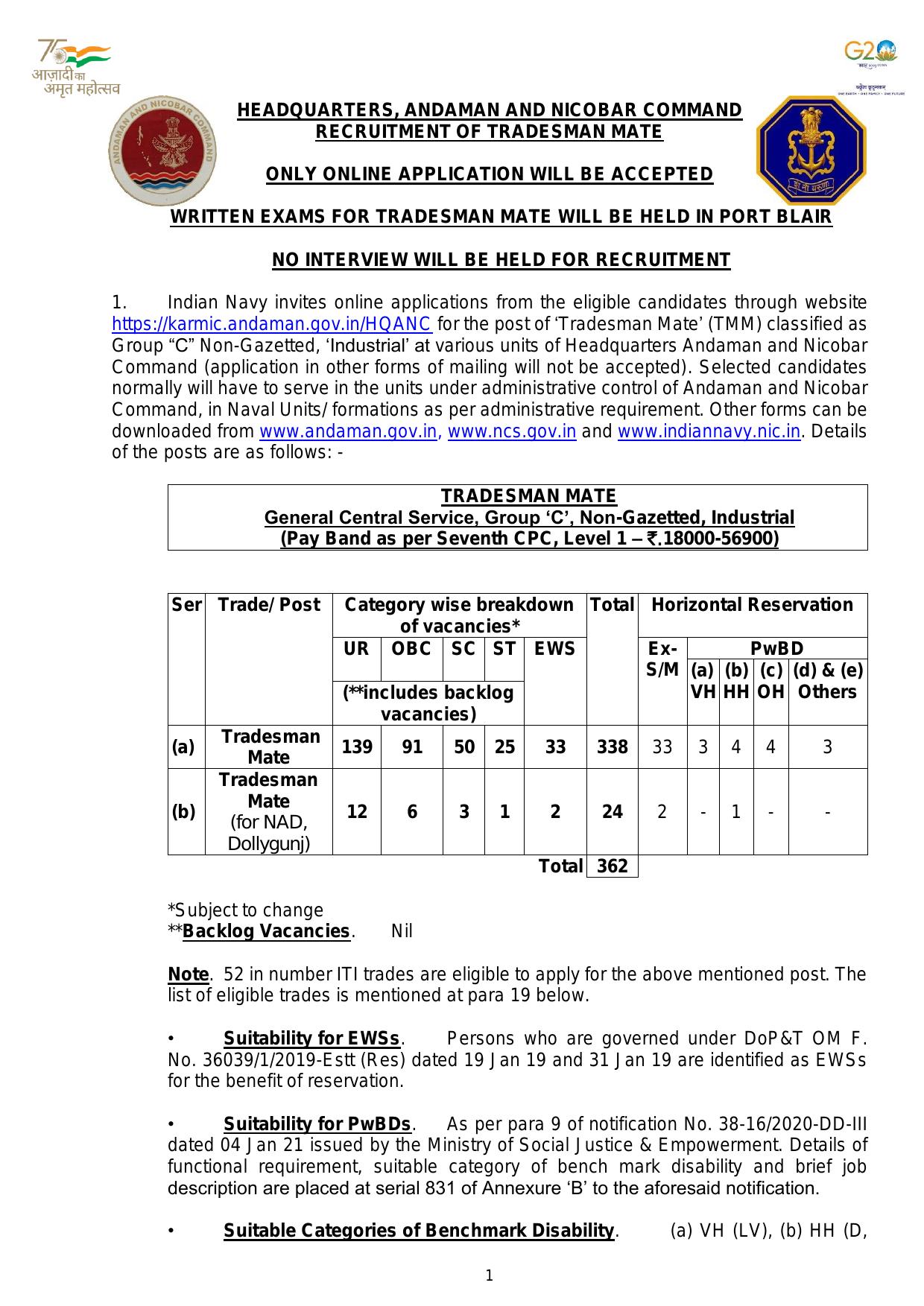 Indian Navy Tradesman Mate Recruitment 2023 - Page 1
