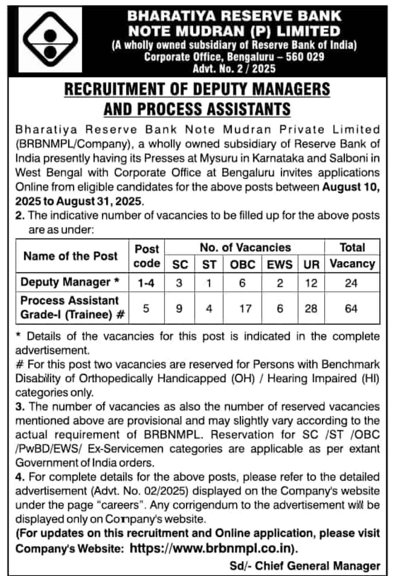 BRBNMPL 88 Deputy Manager, Process Assistant Recruitment 2025 - Page 1