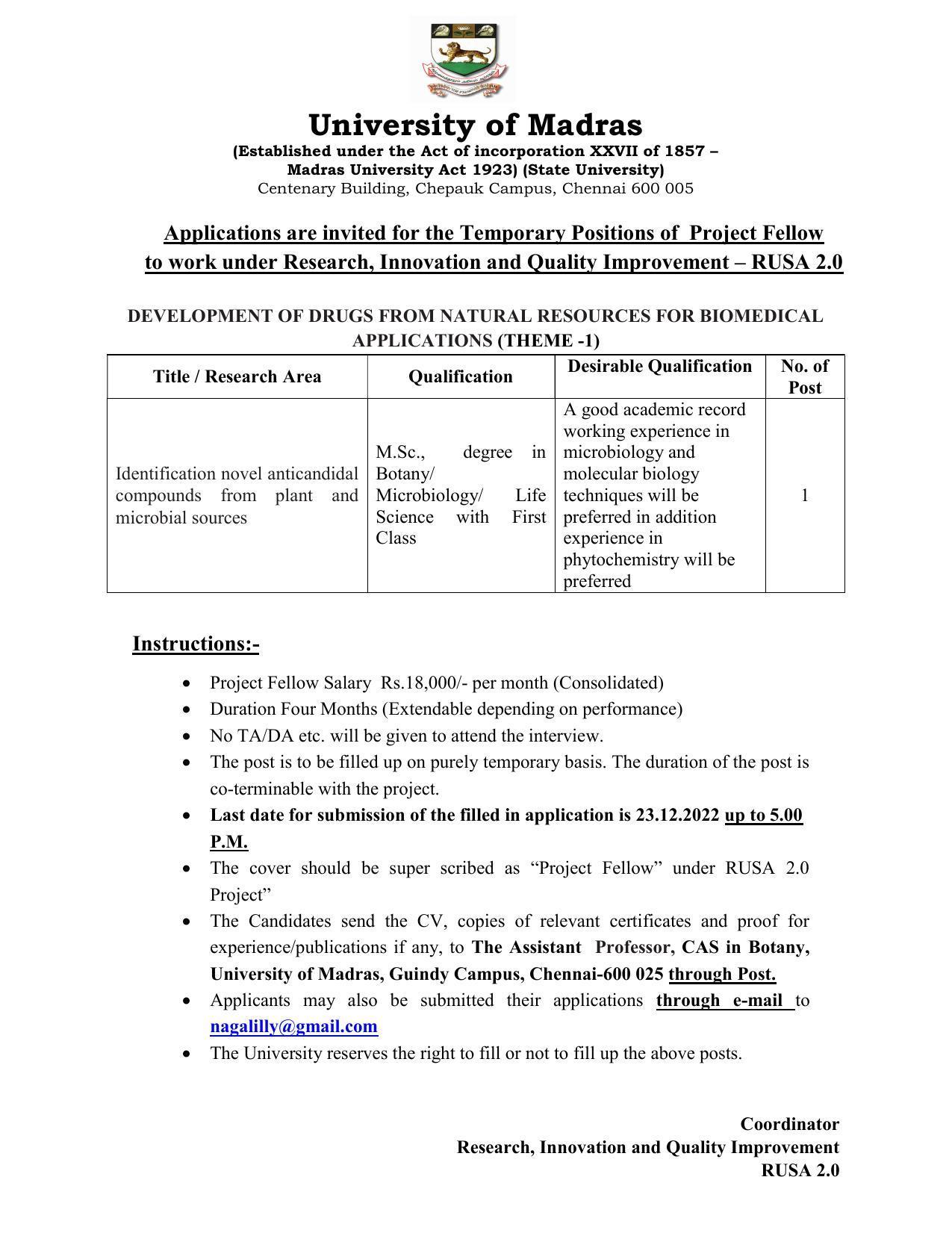 University of Madras Invites Application for Project Fellow Recruitment