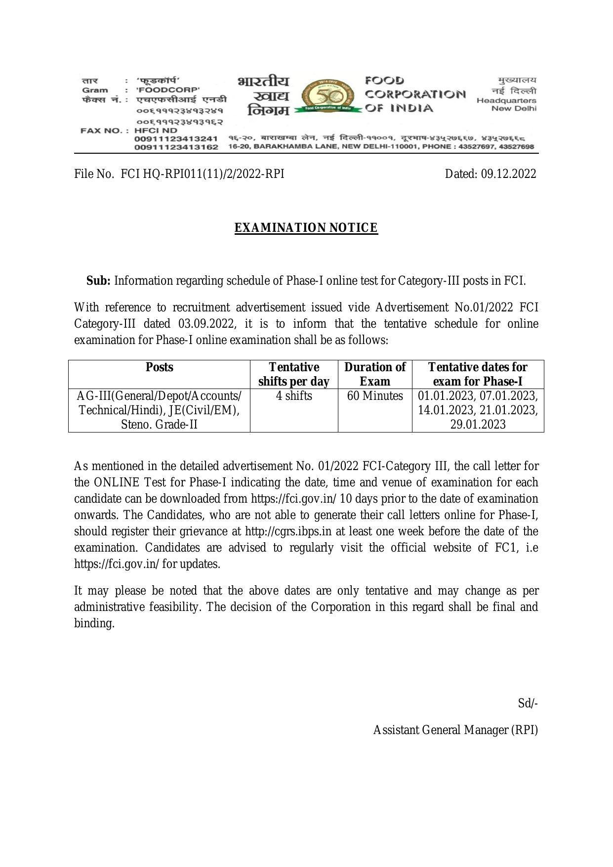 FCI Category-III Non Executive Exam Date 2022 - Phase I Exam Date Announced - Page 1
