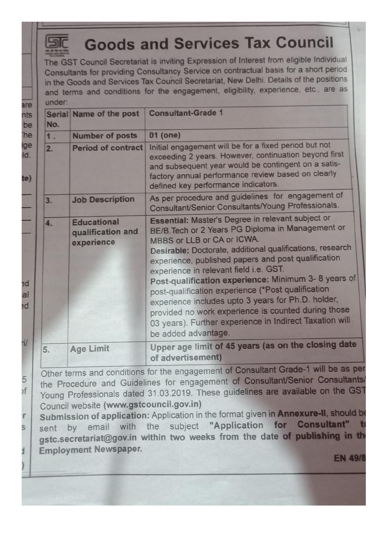 Goods and Services Tax Council (GST Council) Consultant Recruitment 2024 - Page 1