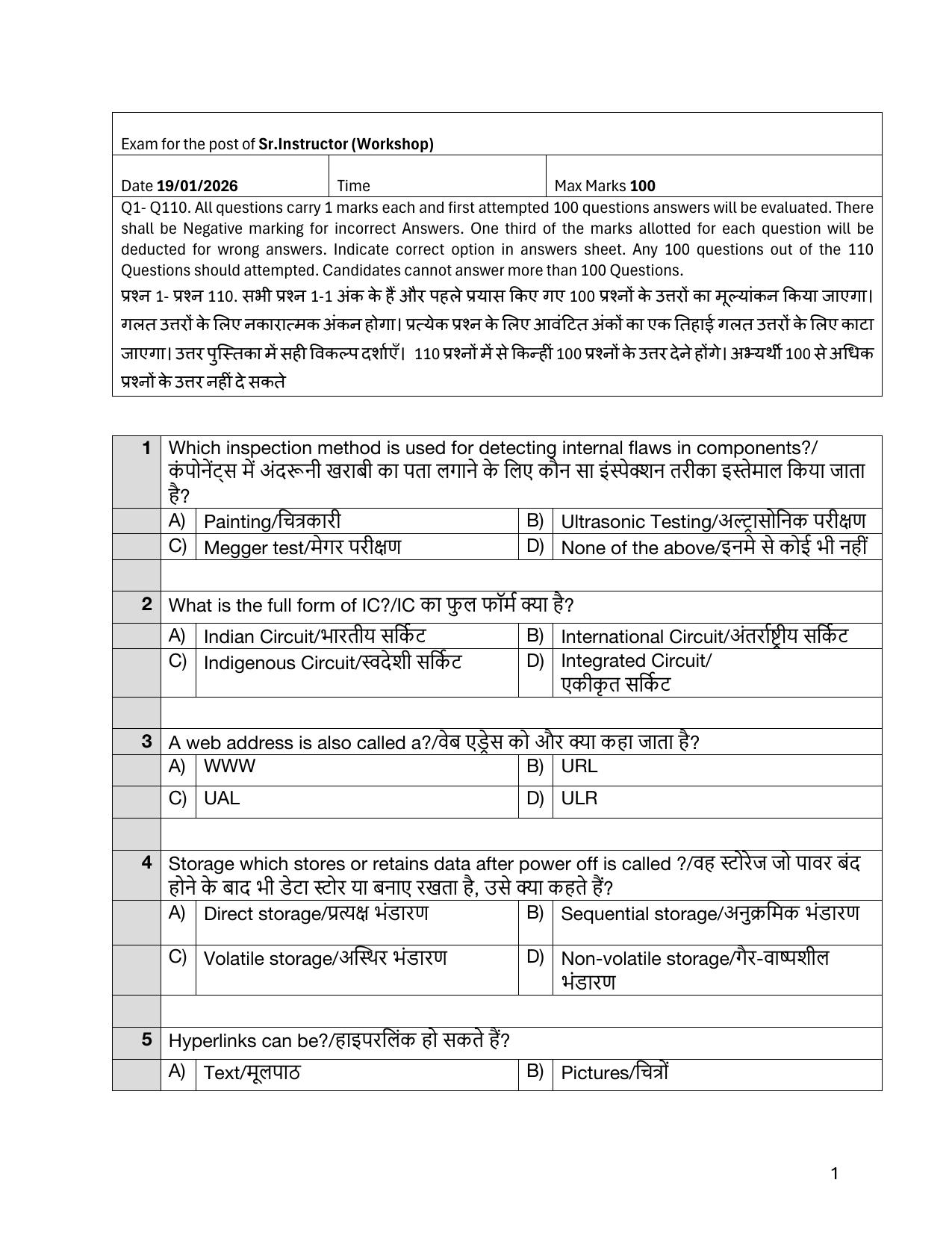 South Western Railway Senior Instructor Workshop Level 7 (Shift-1) Question Paper - Page 1