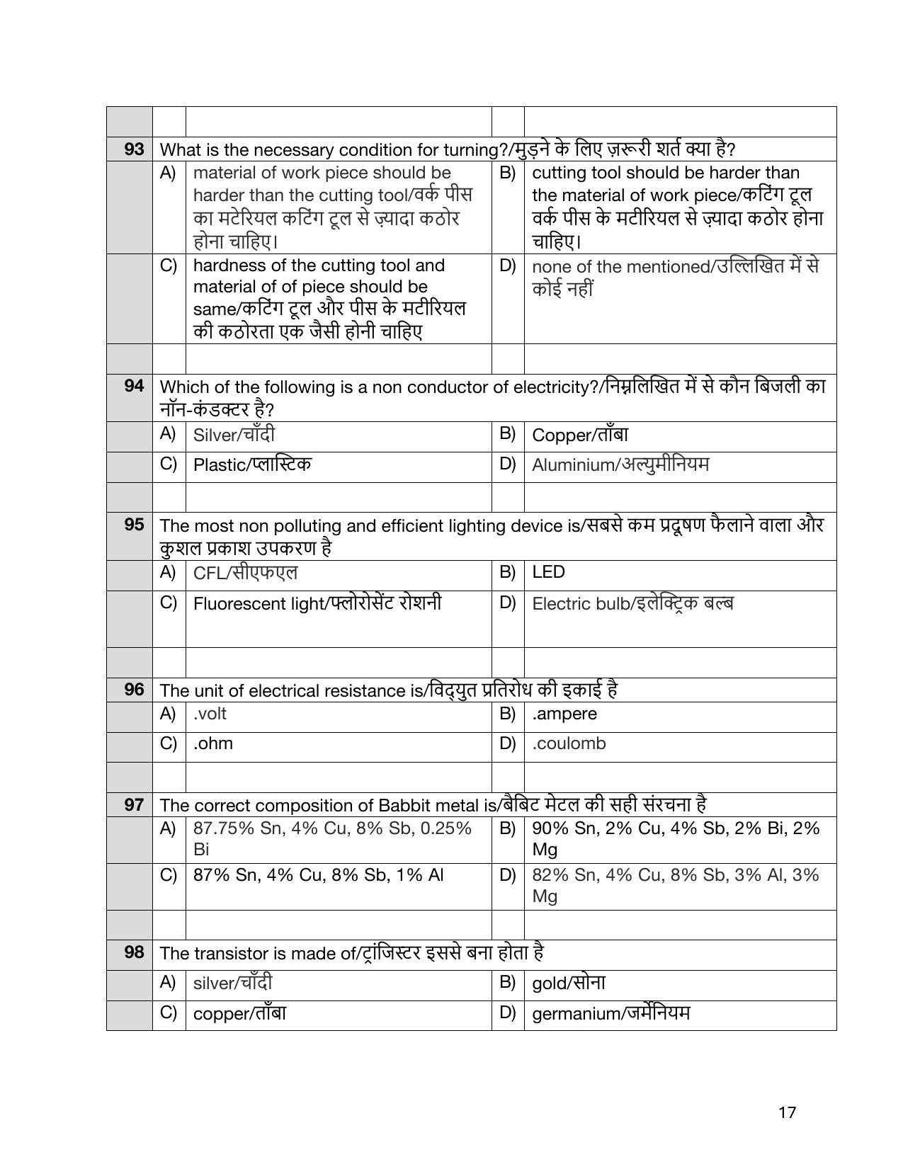 South Western Railway Senior Instructor Workshop Level 7 (Shift-1) Question Paper - Page 17