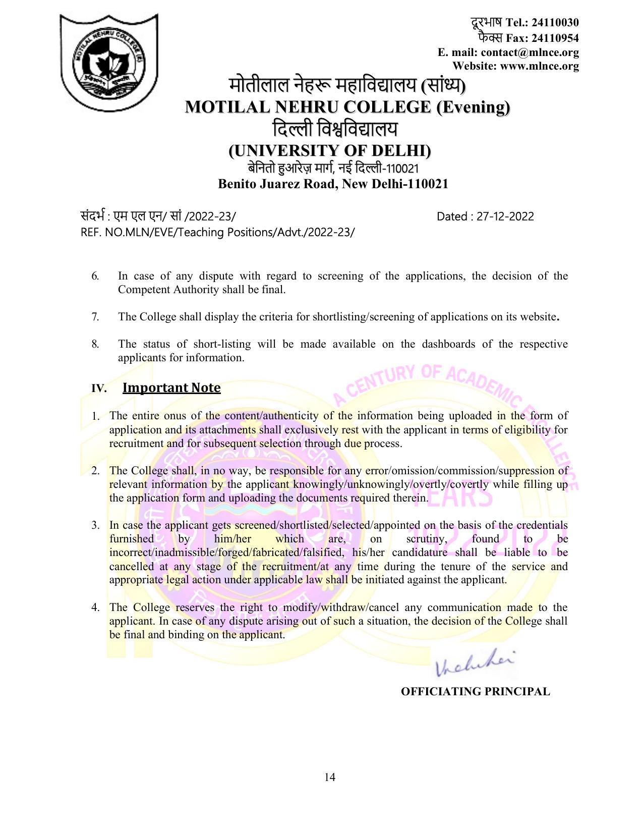 Motilal Nehru College (Evening) Invites Application for 75 Assistant Professor Recruitment 2022 - Page 11