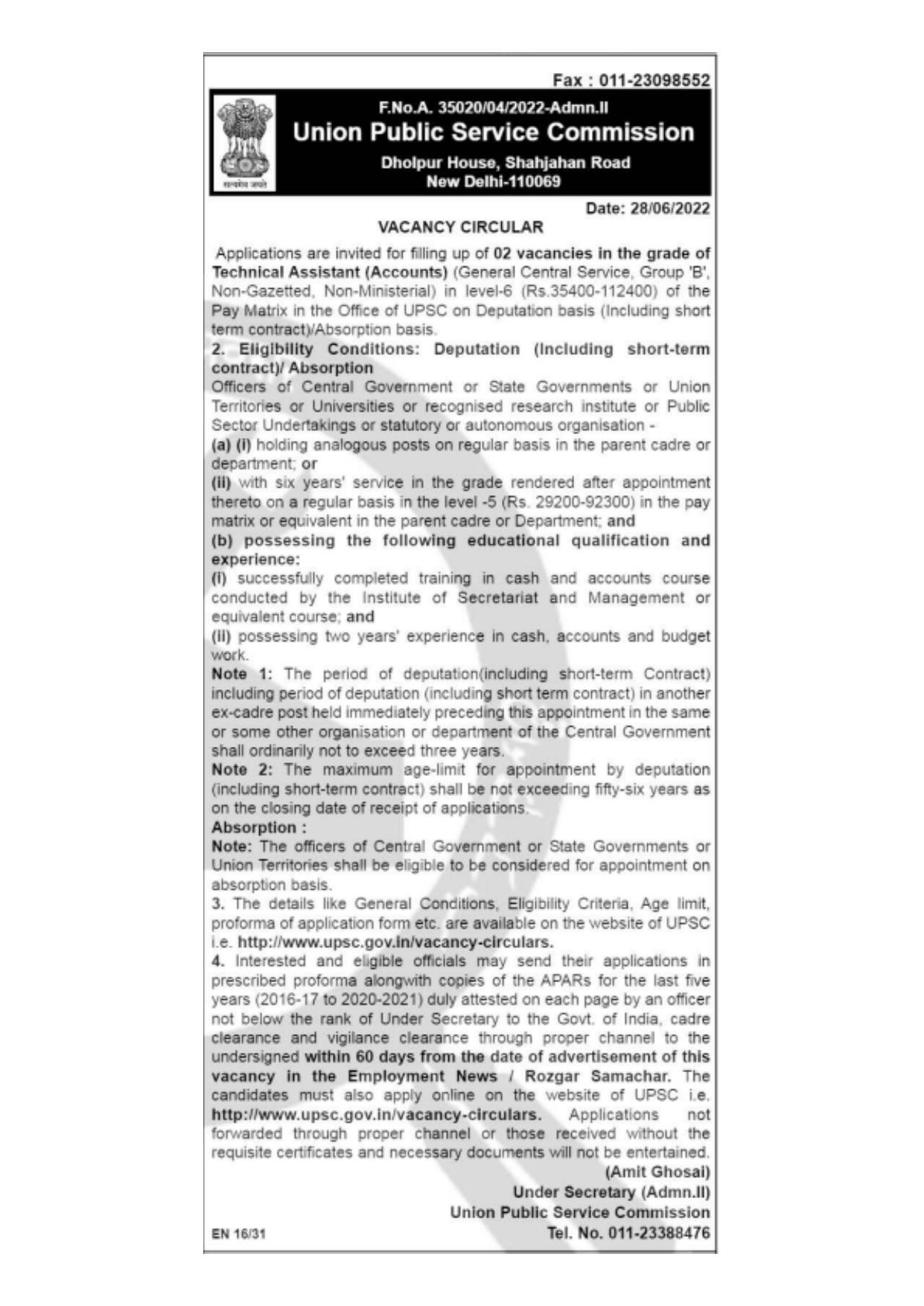 Union Public Service Commission Invites Application for Technical Assistant Recruitment 2022 - Page 1