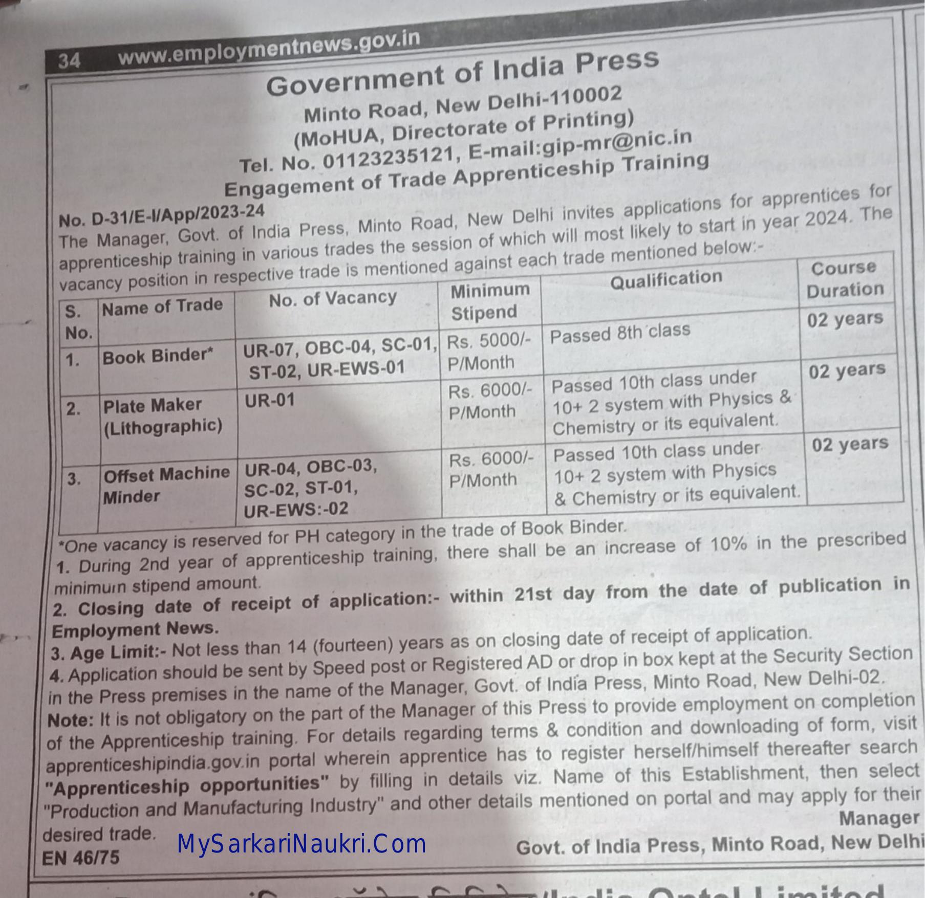 Government of India Press Trade Apprenticeship Training Recruitment 2024 - Page 1