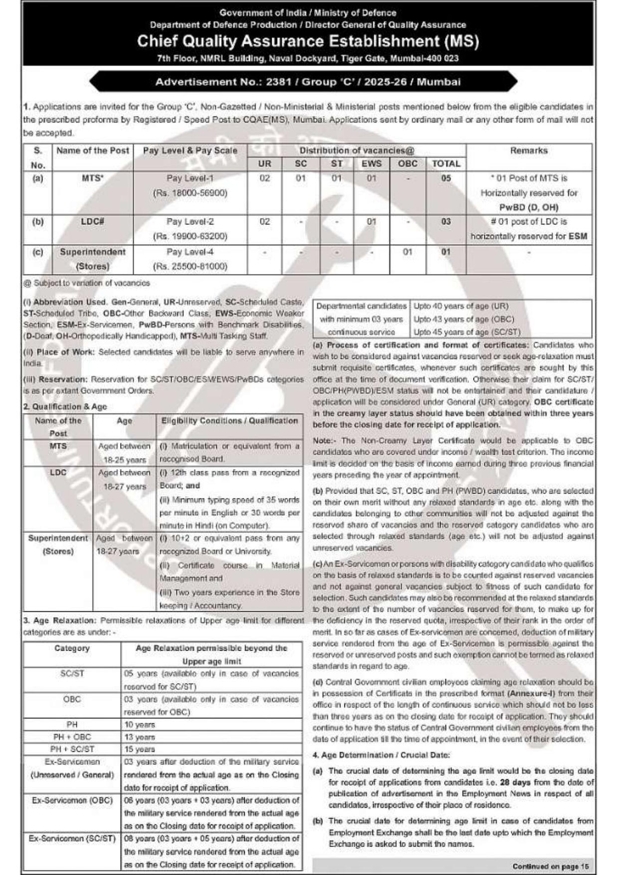 Chief Quality Assurance Establishment (MS) Multi Tasking Staff (MTS), Lower Division Clerk (LDC), and Superintendent (Stores) Recruitment 2026 - Page 1