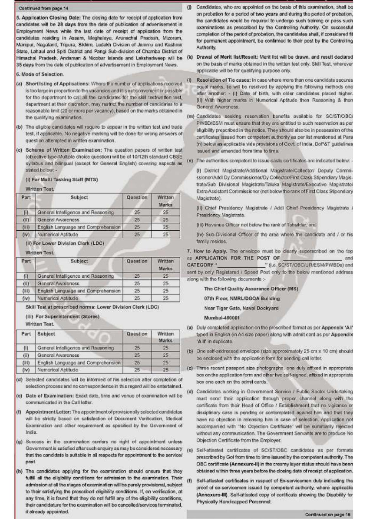 Chief Quality Assurance Establishment (MS) Multi Tasking Staff (MTS), Lower Division Clerk (LDC), and Superintendent (Stores) Recruitment 2026 - Page 2