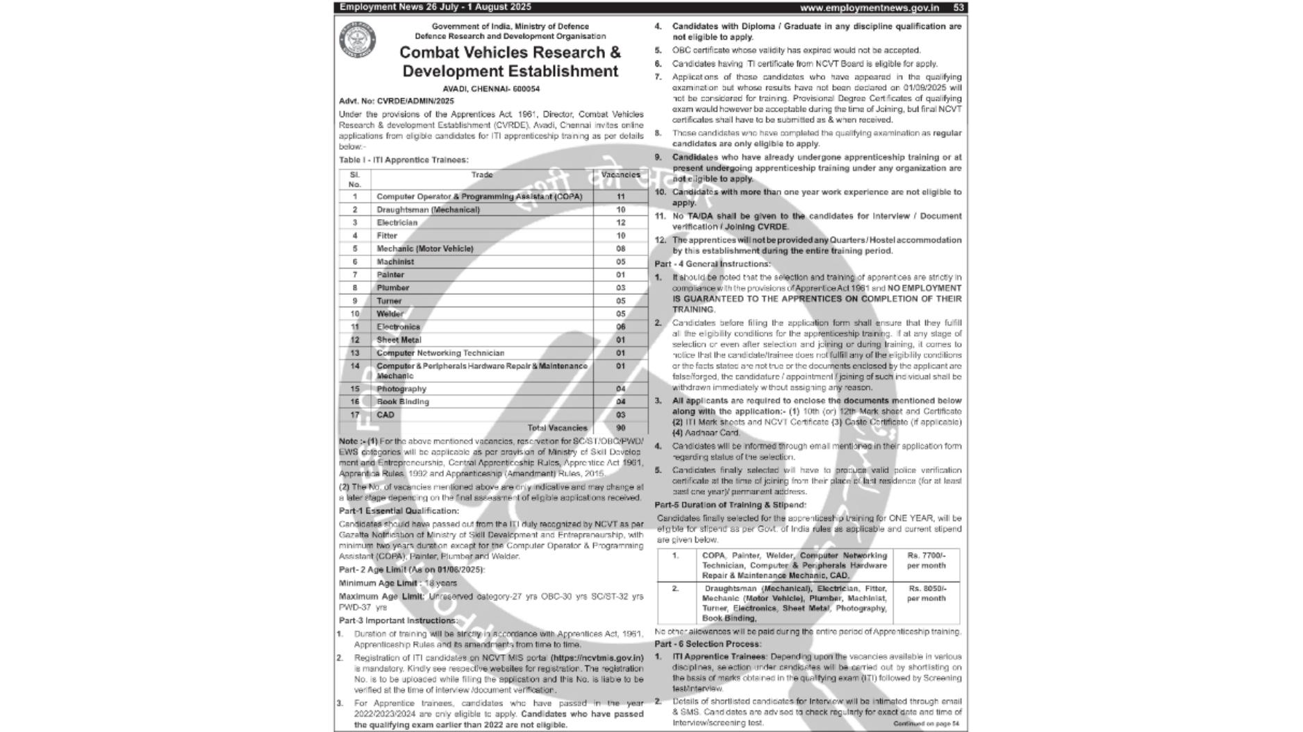 CVRDE ITI Apprentice Trainee Recruitment 2025 - Page 1