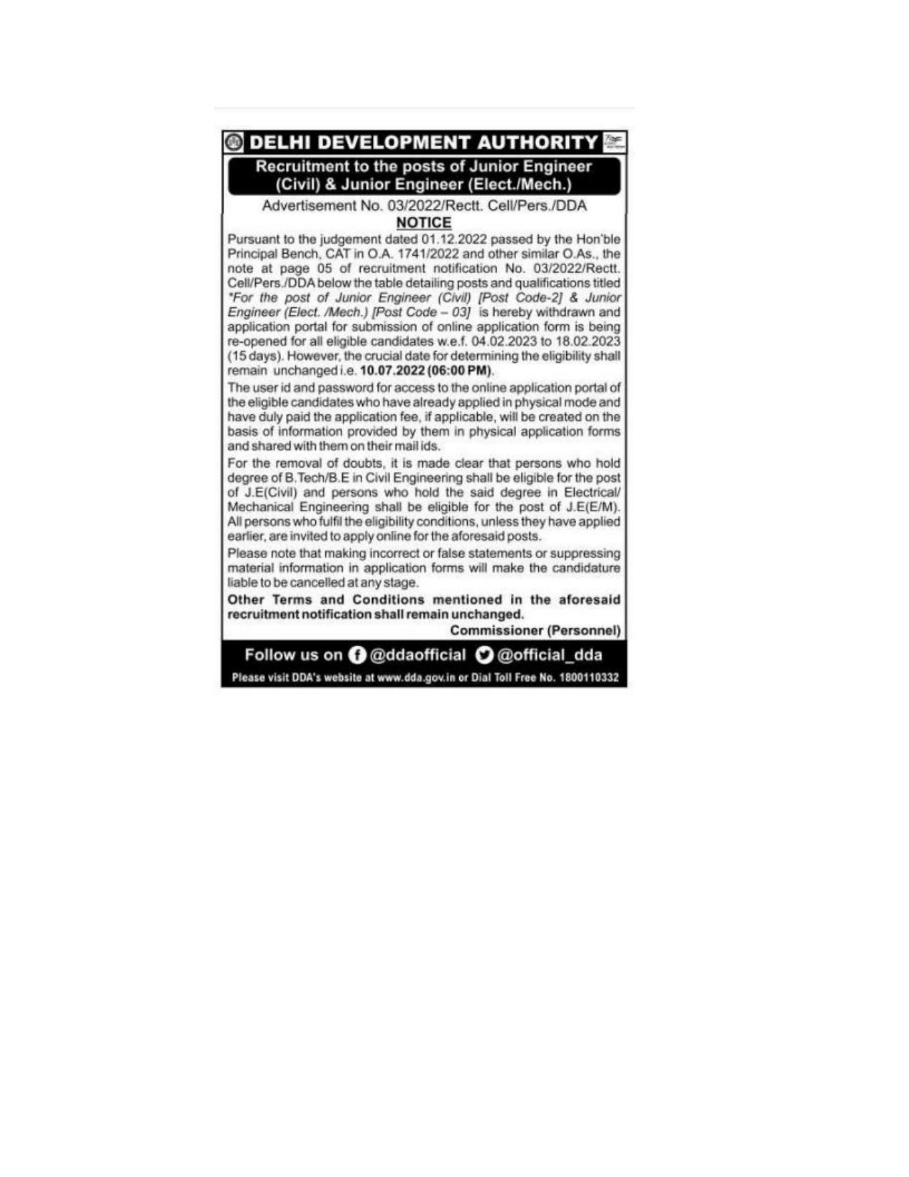 Delhi Development Authority (DDA) Invites Application for Junior Engineer Recruitment 2023 - Page 1