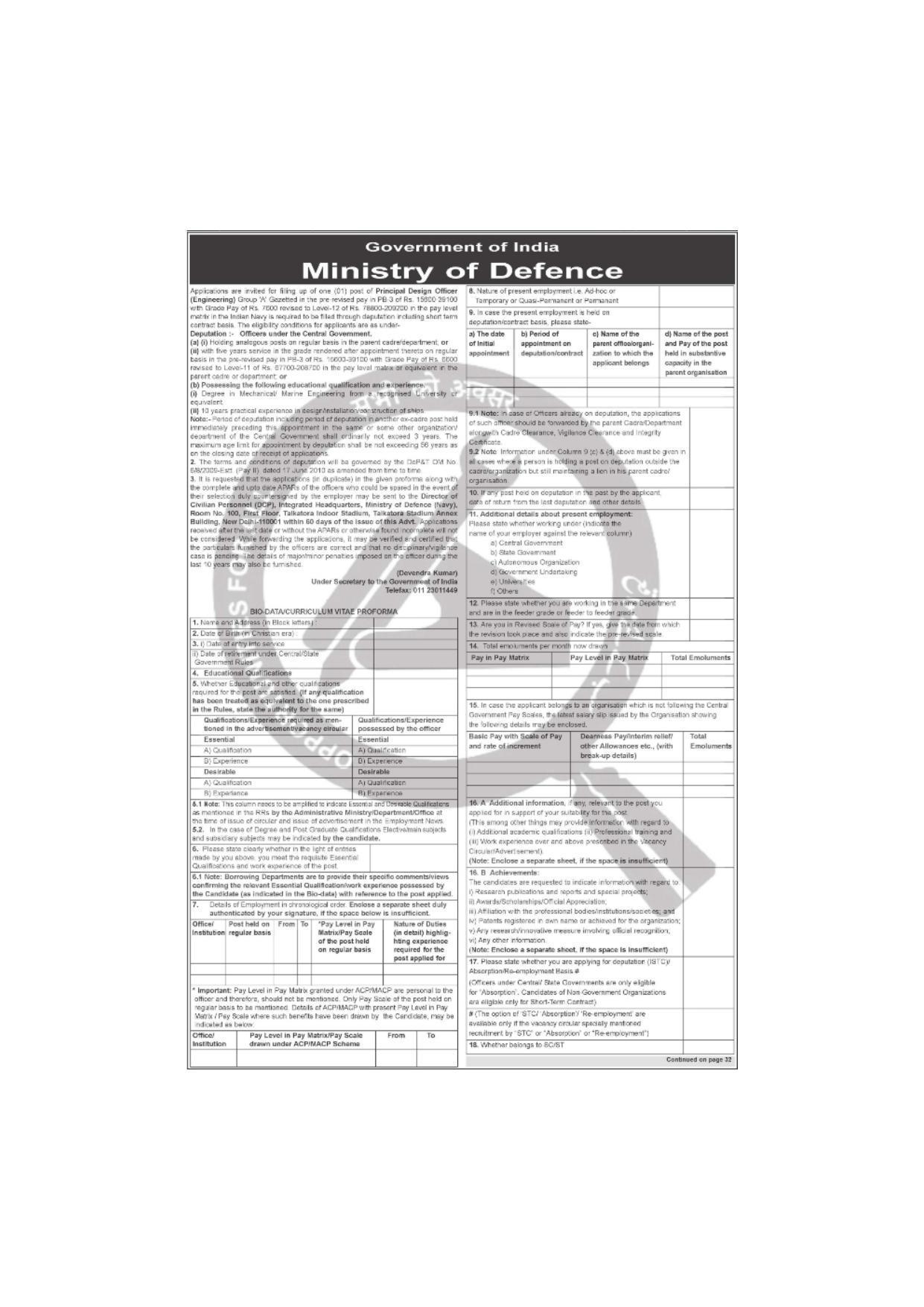 Ministry Of Defence Invites Application for Principal Design Officer Recruitment 2022 - Page 1